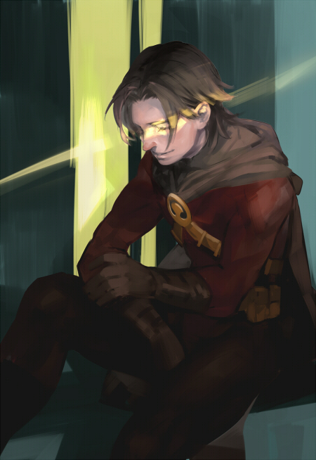 1boy batman_(series) black_hair cape dc_comics closed_eyes gloves unworn_headwear male_focus red_robin sitting solo tim_drake