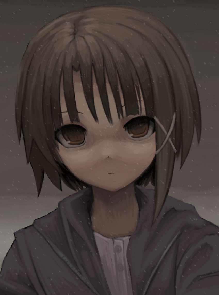 1girl :| black_hoodie bob_cut brown_eyes brown_hair choppy_bangs close-up closed_mouth commentary dark english_commentary expressionless gradient_background grey_background hair_ornament head_tilt hood hood_down hoodie iwakura_lain looking_at_viewer open_clothes open_hoodie outdoors portrait serial_experiments_lain shirt short_hair single_sidelock snowflakes snowing solo white_shirt x_hair_ornament zoolpal