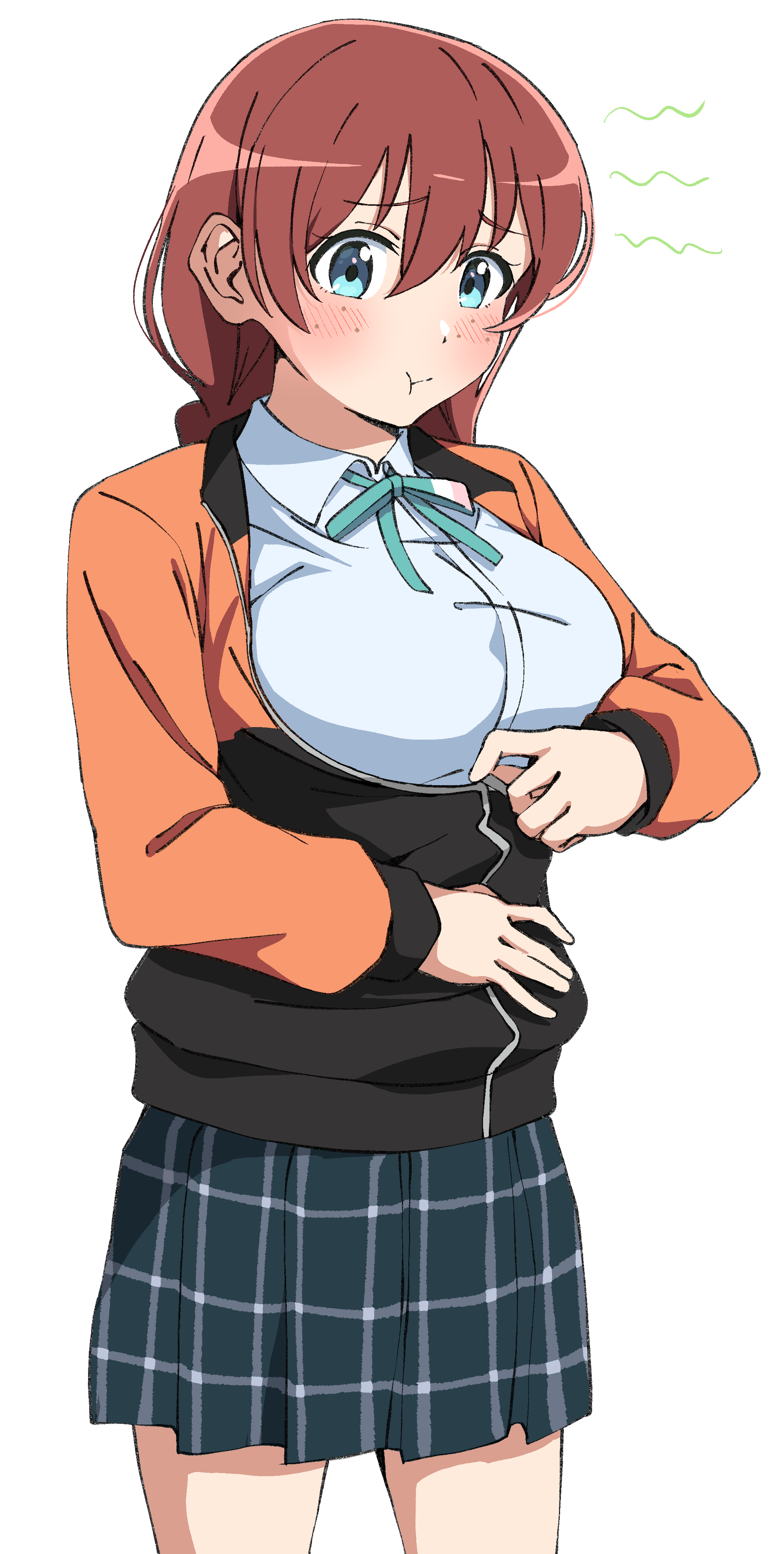1girl :t absurdres blue_eyes blue_shirt blue_skirt blush braid breasts brown_hair collared_shirt commentary cowboy_shot dress_shirt emma_verde freckles green_jacket green_ribbon highres jacket large_breasts long_hair long_sleeves love_live! love_live!_nijigasaki_high_school_idol_club low_twin_braids miniskirt neck_ribbon nijigasaki_school_uniform nijigasaki_track_jacket plaid_clothes plaid_skirt pleated_skirt pout ribbon school_uniform shirt simple_background skirt solo summer_uniform track_jacket twin_braids uchuu_no_mozuku undersized_clothes white_background zipping