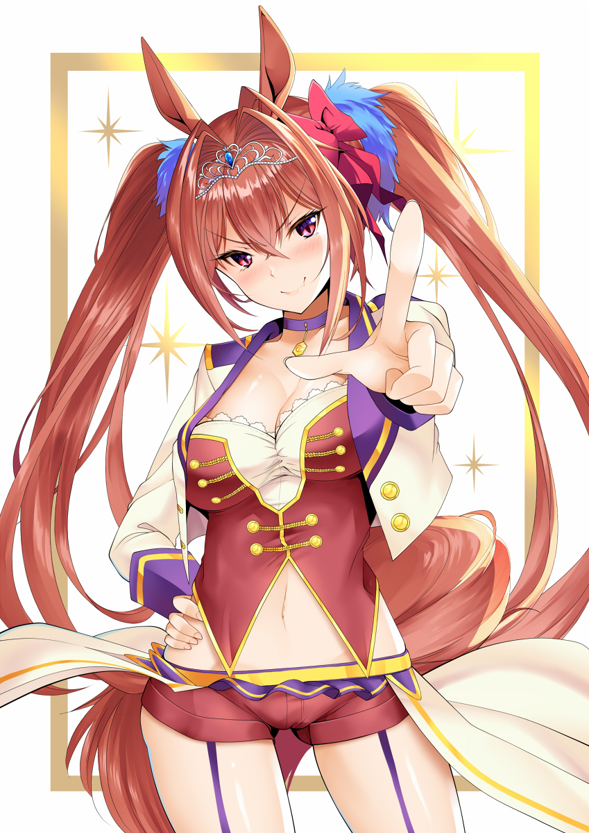 1girl animal_ears blush breasts brown_hair daive daiwa_scarlet_(umamusume) hair_intakes highres horse_ears horse_girl horse_tail large_breasts long_hair long_sleeves looking_at_viewer navel pointing pointing_at_viewer red_eyes smile tail thighs tiara twintails umamusume very_long_hair