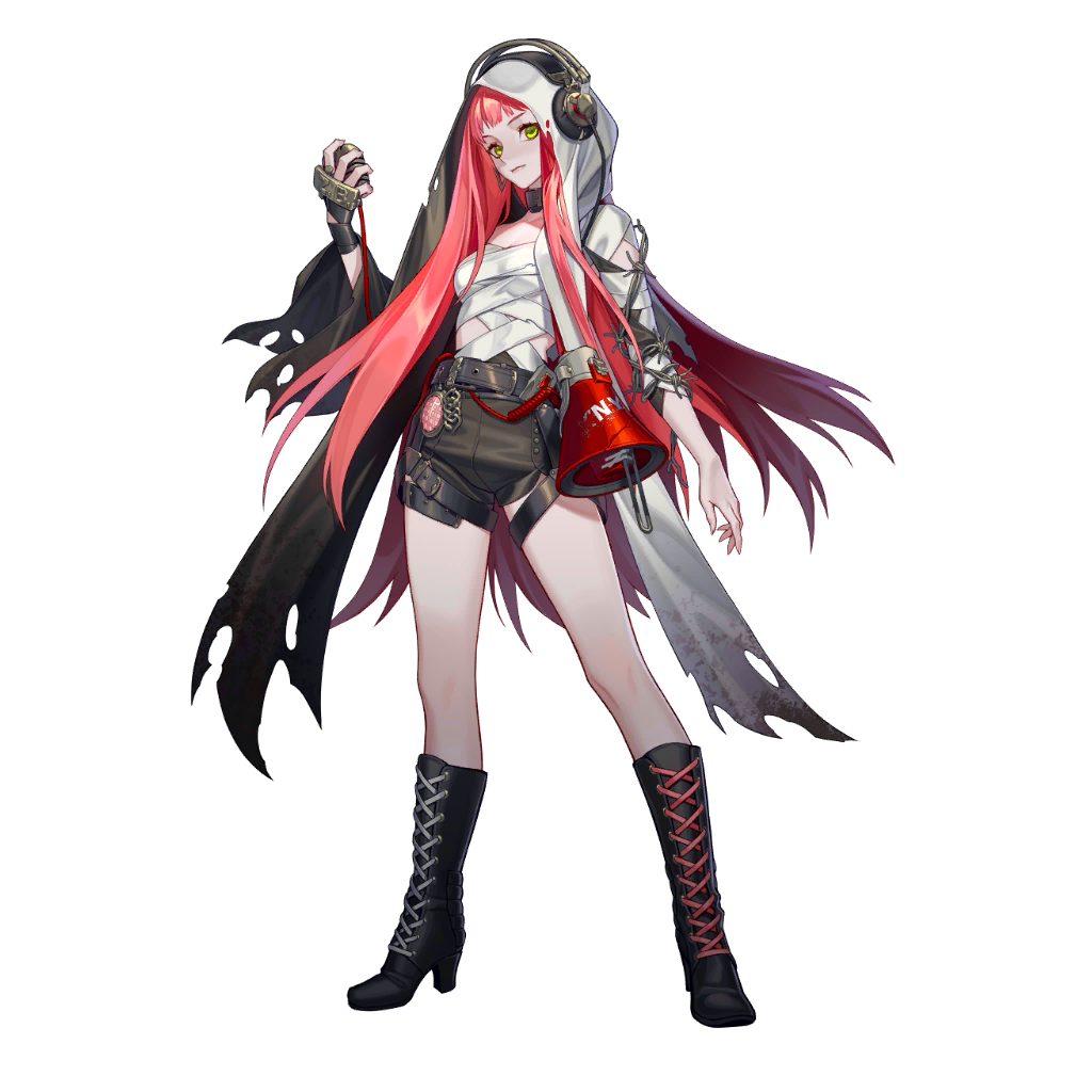 1girl arknights arm_up aya_(arknights) bad_link belt black_belt black_boots black_shorts boots breasts chest_sarashi cleavage closed_mouth full_body green_eyes headphones holding hood hood_up knee_boots leather_shorts long_hair looking_at_viewer official_art pink_hair sarashi shorts simple_background solo standing torn_clothes transparent_background yellow_eyes