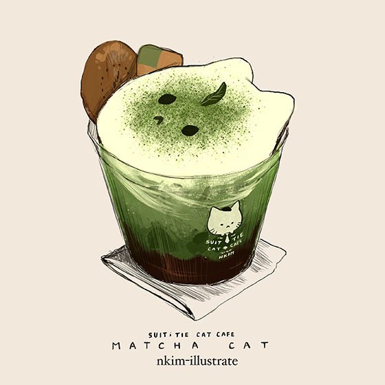 animal-themed_food artist_name cat checkerboard_cookie coffee commentary cookie cup disposable_cup english_commentary food food_focus grey_background leaf matcha_(food) nadia_kim napkin no_humans original simple_background