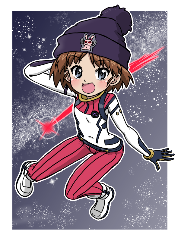 1girl amate_yuzuriha amate_yuzuriha_(cosplay) beanie bodysuit brown_hair comet cosplay fur_hat galaxy girls_und_panzer grey_eyes gundam gundam_gquuuuuux hand_on_own_head hat mecha_pilot_suit open_mouth sakaguchi_karina shoes short_hair smile space star_(sky) takahashi_kurage white_shoes