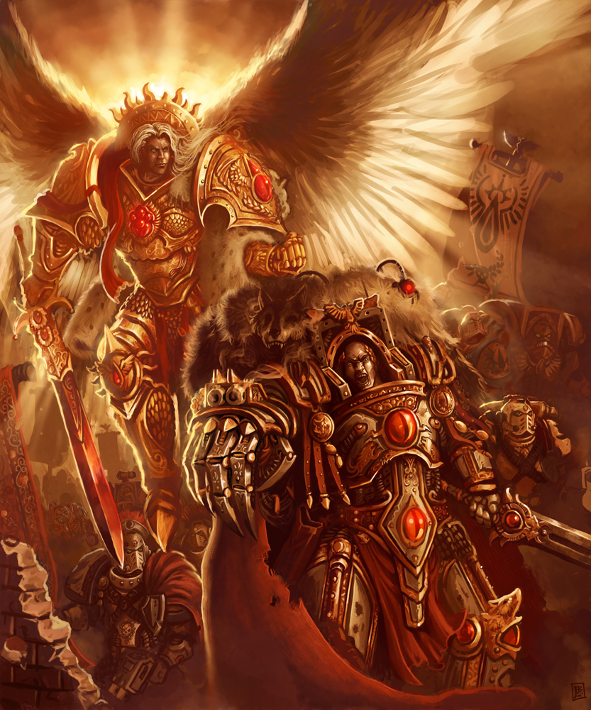 2boys angel_wings armor black_legion blade_encarmine blood_angels eyes_of_horus_(warhammer_40k) halo_effect horus_lupercal leopard_pelt multiple_boys ornate_armor pelt primarch regalia_resplendent sanguinius snow_leopard_pelt teardrop-shaped_gem terminator_armor vanagandr warhammer_40k wings