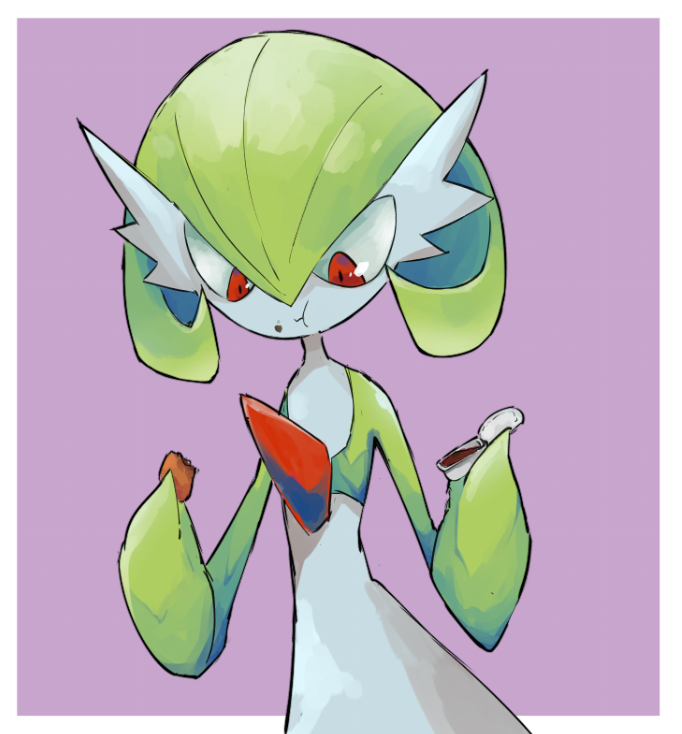 bob_cut colored_skin dmt_(auburn) dress eating food food_in_mouth food_on_face gardevoir gen_3_pokemon green_hair green_skin holding holding_food multicolored_skin nintendo pokemon pokemon_(creature) purple_background red_eyes simple_background two-tone_skin white_dress white_skin