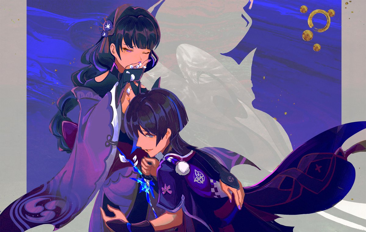 1boy 1girl armor black_bridal_gauntlets black_hair black_kimono black_shrug blunt_bangs blunt_ends border breasts bridal_gauntlets cleavage coughing_flowers covering_own_mouth drop_shadow fan_hair_ornament fatui_logo flower furisode genshin_impact gold_trim hair_flower hair_ornament hand_on_another's_back hand_on_another's_hip hand_over_own_mouth holding holding_knife japanese_armor japanese_clothes juban kimono knife kote kurokote letterboxed long_hair long_sleeves low-braided_long_hair low-tied_long_hair mitsudomoe_(shape) mole mole_under_eye momogourami mother_and_son multicolored_hair obi one_eye_closed open_mouth purple_background purple_bag purple_eyes purple_flower purple_hair purple_kimono purple_nails purple_sash purple_sleeves raiden_shogun red_kimono red_sash sash scaramouche_(genshin_impact) short_sleeves shrug_(clothing) sideways_mouth stab streaked_hair tomoe_(symbol) white_border white_kimono wide_sleeves