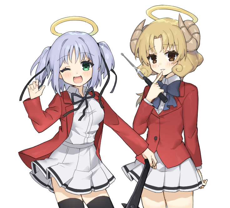2girls baton_(weapon) black_thighhighs blonde_hair bokusatsu_tenshi_dokuro-chan bow bowtie brown_eyes demon_horns eguegukun expandable_baton green_eyes halo hand_on_own_face holding holding_weapon horns jacket mihashigo_sabato mitsukai_dokuro multiple_girls neck_ribbon one_eye_closed red_jacket ribbon shirt skirt smile thighhighs traditional_halo weapon white_background white_shirt white_skirt yellow_halo