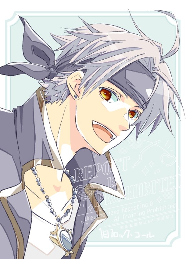 1boy ayana_(iqaw5cfohvdtver) black_headband black_jacket border brown_eyes earrings final_fantasy final_fantasy_vi gold_trim grey_hair headband jacket jewelry locke_cole looking_at_viewer male_focus necklace open_mouth parted_bangs popped_collar shirt short_hair smile solo upper_body white_border white_shirt