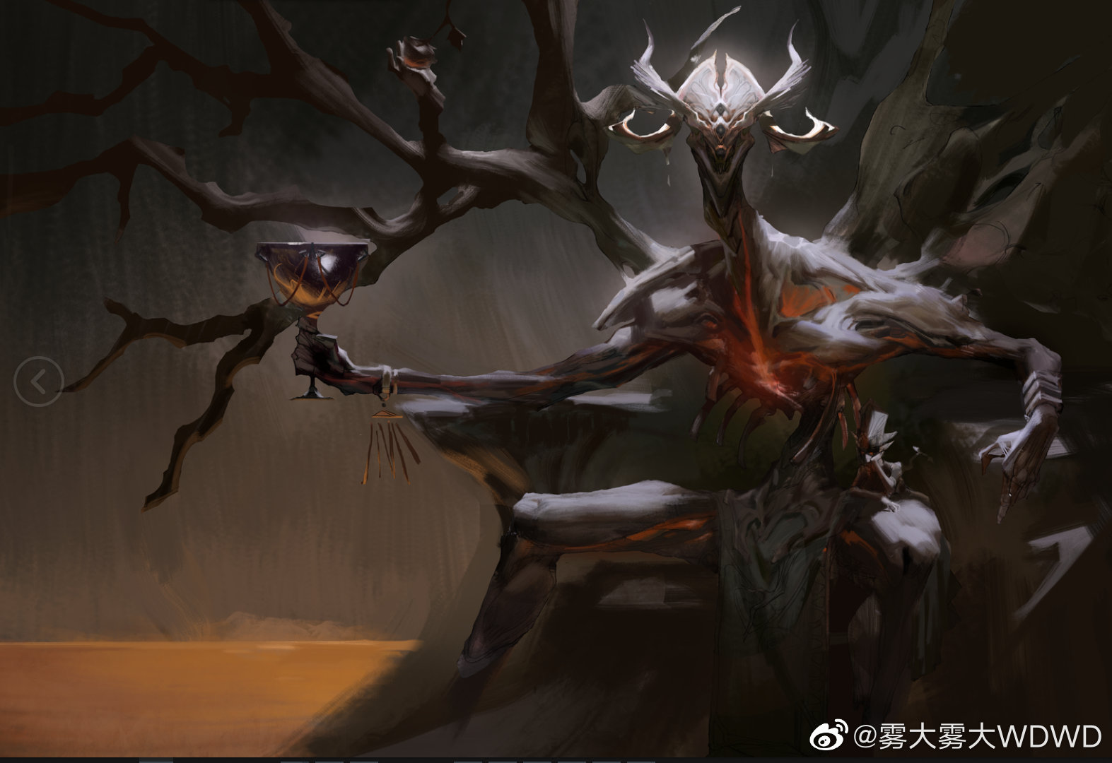 body_horror chalice chinese_commentary commentary_request creature creature_focus cup drink holding holding_drink lava looking_at_viewer monster no_humans open_mouth original realistic sitting sitting_on_throne solo throne underground watermark weibo_watermark wudawuda
