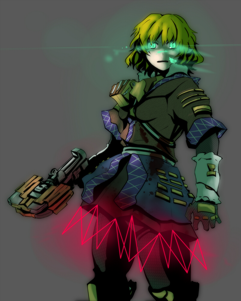 1girl arm_warmers black_dress black_gloves black_pantyhose black_skirt blonde_hair blood blood_on_clothes bow_(weapon) breasts brown_shirt commentary_request cowboy_shot crossbow dead_space dress gloves glowing glowing_eyes green_eyes grey_background gun hair_between_eyes laser looking_at_viewer mizuhashi_parsee open_mouth pantyhose plasma_cutter pointy_ears shirt short_hair short_sleeves skirt small_breasts solo standing touhou weapon yaruku