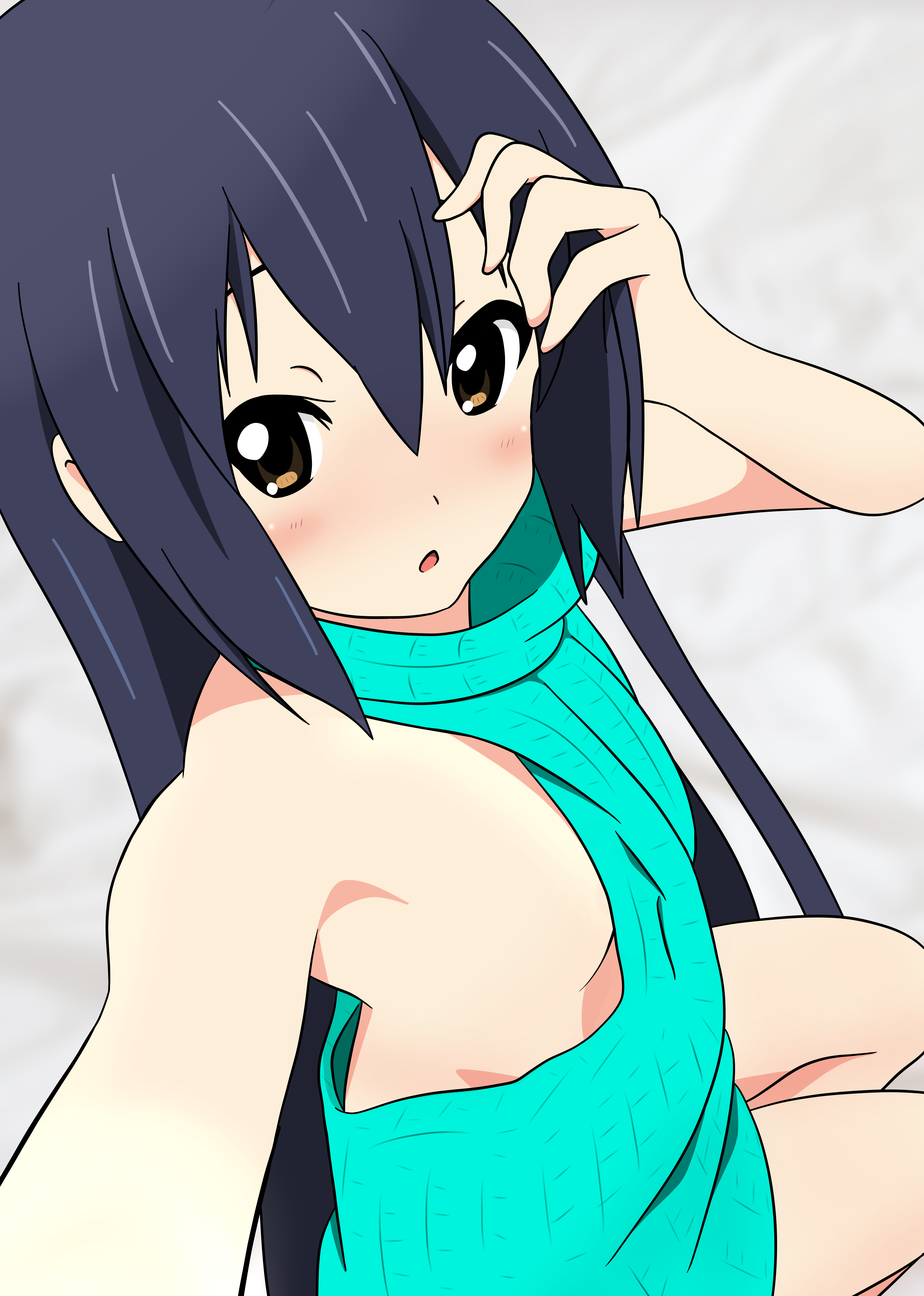 1girl absurdres armpits bare_shoulders black_hair blush breasts brown_eyes dot_nose female_focus highres k-on! legs long_hair meme_attire nakano_azusa nekonopapa open_mouth sideboob sitting small_breasts solo virgin_killer_sweater