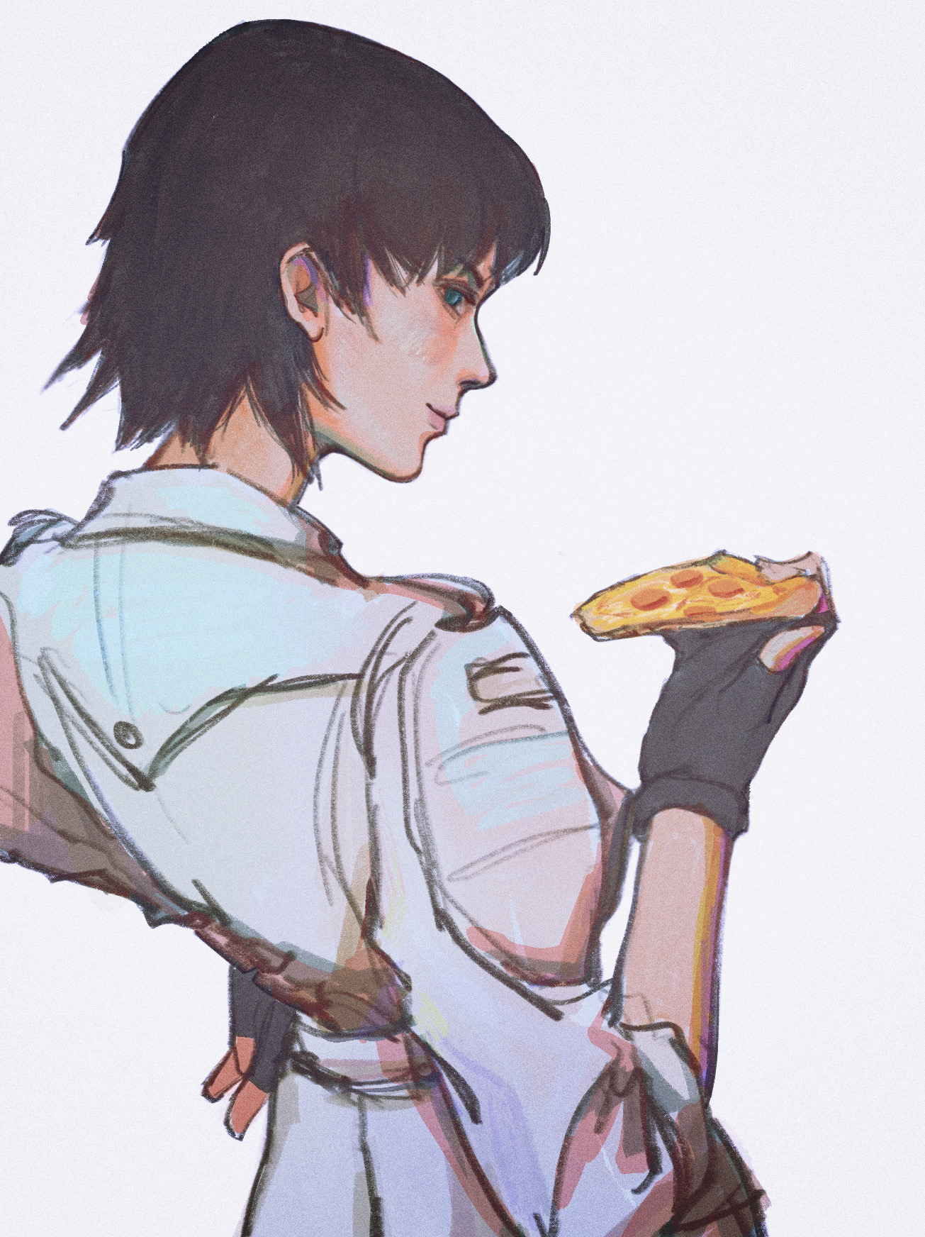 1girl black_gloves black_hair devil_may_cry_(series) devil_may_cry_5 fingerless_gloves food gloves grey_background highres holding holding_food holding_pizza jacket kuroriiii lady_(devil_may_cry) looking_back pizza pizza_slice simple_background white_jacket