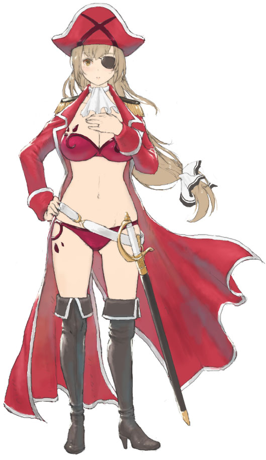 1girl ahoge amagi_brilliant_park ascot belt bikini blush boots breasts brown_boots brown_eyes cloak epaulettes eyepatch female_focus full_body gluteal_fold hand_on_own_chest hand_on_own_hip hat high_heel_boots high_heels iwauchi_tomoki kakuma_ai large_breasts leather leather_boots light_blush light_brown_hair long_hair looking_at_viewer low-tied_long_hair molly_searcy navel one_eye_covered open_cloak open_clothes parted_lips pirate pirate_costume pirate_hat red_bikini red_cloak scabbard sento_isuzu sheath solo standing swimsuit sword thigh_boots thighhighs voice_actor_connection weapon white_ascot