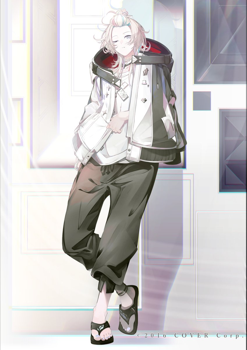 1boy ;&lt; against_wall anklet aqua_hair baggy_pants bangs_pinned_back black_jacket black_pants black_sandals blue_nails closed_mouth copyright_notice crossed_ankles door flip-flops full_body gradient_nails highres holostars hood hood_down hooded_jacket jacket jacket_on_shoulders jewelry leaning_back long_sleeves looking_at_viewer male_focus medium_hair messy_hair multicolored_hair multicolored_jacket nail_polish necklace official_alternate_costume official_art one_eye_closed pants pink_hair playing_card_print print_shirt sandals shadow shirt solo standing streaked_hair t-shirt toenail_polish toenails two-tone_jacket utsugi_uyu utsugi_uyu_(after-school) virtual_youtuber white_eyes white_hair white_jacket white_shirt yonemuro