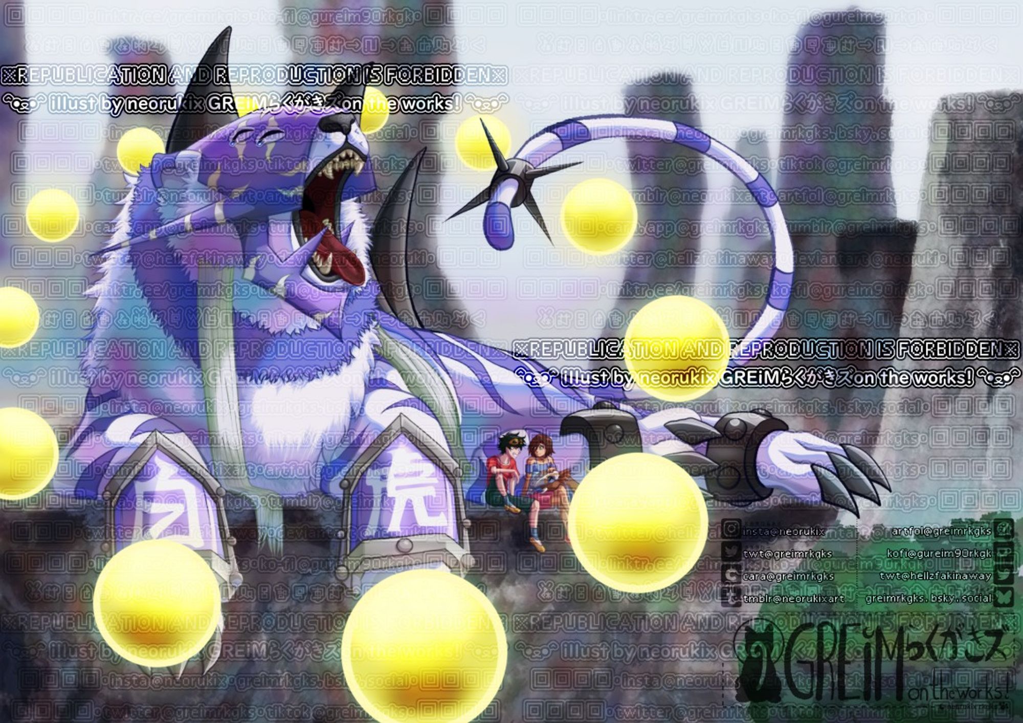 1boy 1girl armor baihumon digicore digimon digimon_(creature) digimon_adventure_tri. highres himekawa_maki looking_at_another nishijima_daigo tiger