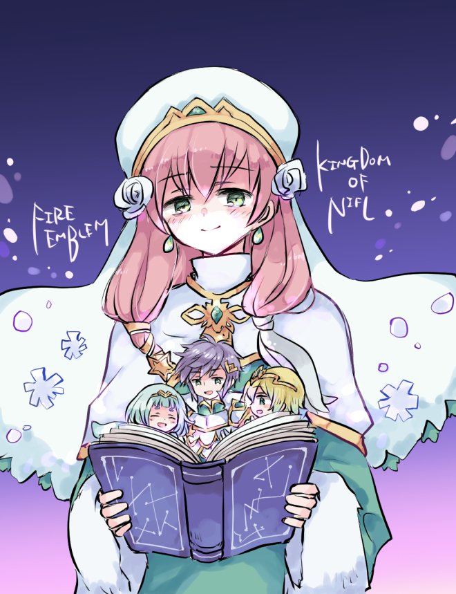 2boys 3girls armor blonde_hair book brother_and_sister closed_mouth copyright_name crown earrings closed_eyes fire_emblem fire_emblem_heroes fjorm_(fire_emblem) from_side green_eyes gunnthra_(fire_emblem) hair_ornament holding holding_book hrid_(fire_emblem) jewelry kitano_373 long_hair long_sleeves multiple_boys multiple_girls nintendo open_book open_mouth pink_hair short_hair siblings simple_background sisters tiara veil white_hair ylgr_(fire_emblem)
