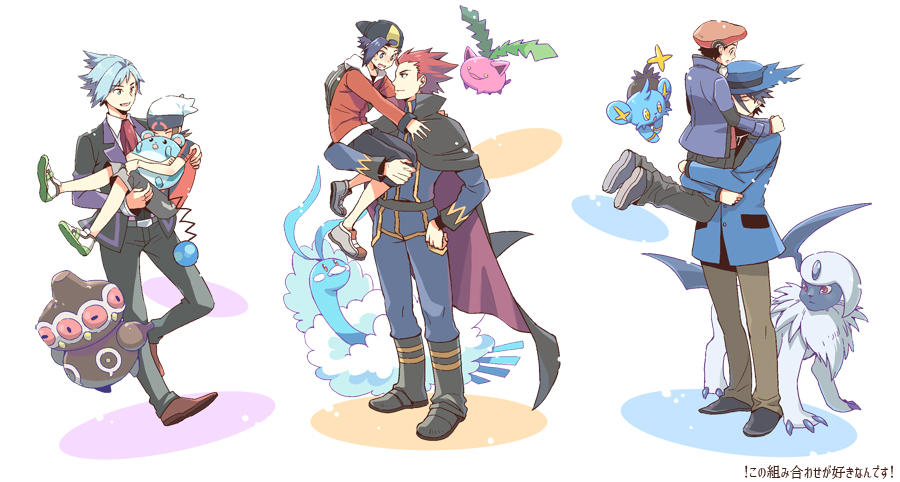 6+boys absol altaria bad_id bad_pixiv_id beanie boots brendan_(pokemon) brown_footwear brown_pants cape carrying claydol collared_shirt commentary_request ethan_(pokemon) gen_2_pokemon gen_3_pokemon hat holding holding_pokemon hoppip jacket lance_(pokemon) long_sleeves lucas_(pokemon) male_focus marill multiple_boys necktie nintendo pants pokemon pokemon_(creature) pokemon_dppt pokemon_hgss pokemon_oras pokemon_platinum red_hair riley_(pokemon) shirt shoes short_hair short_sleeves spiked_hair standing steven_stone translation_request white_headwear white_shirt xichii