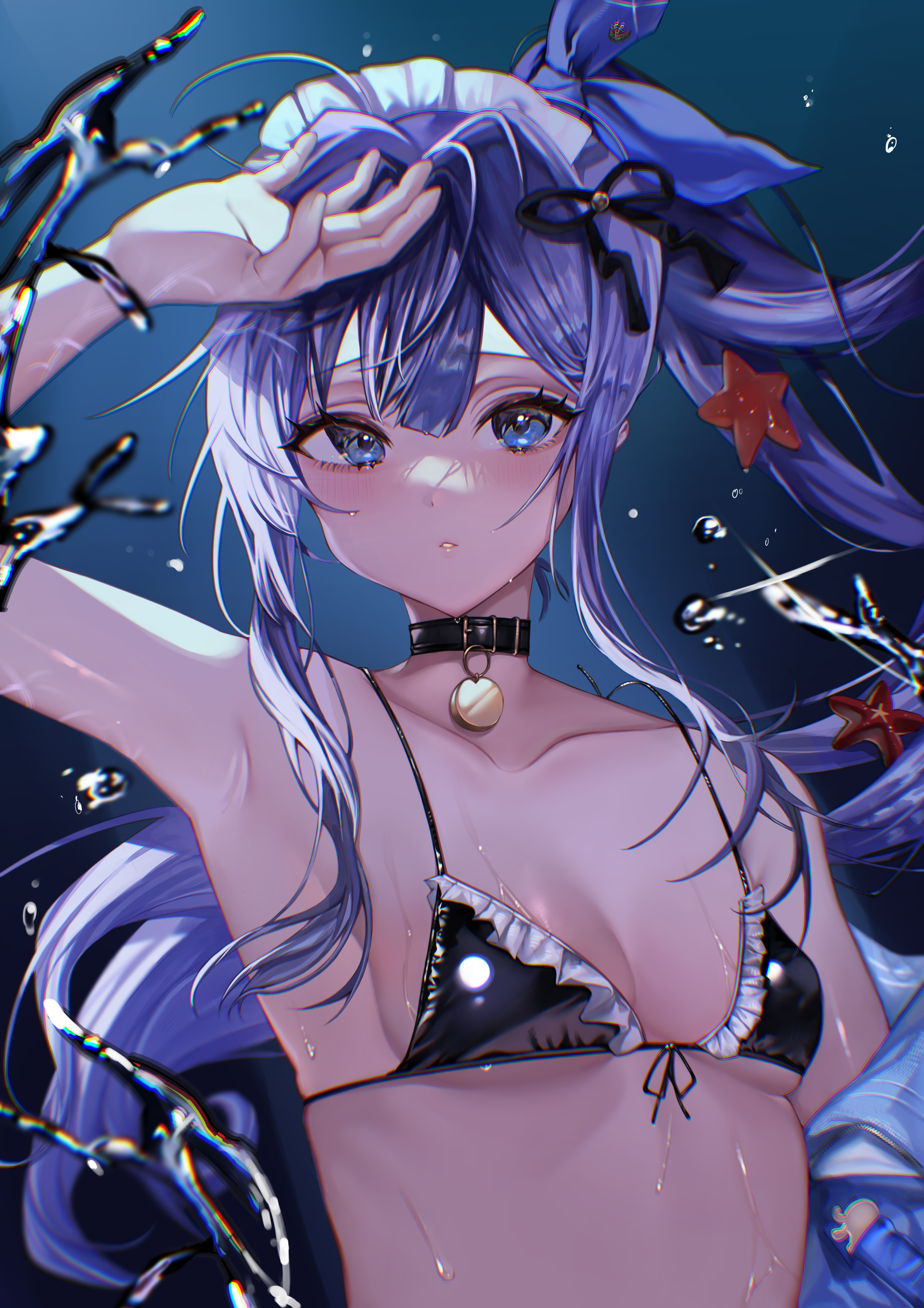 1girl absurdres anchor_(innocent_maid)_(nikke) anchor_(nikke) bare_shoulders bikini black_bikini black_choker blue_eyes blue_hair breasts choker e9ua1 goddess_of_victory:_nikke highres long_hair looking_at_viewer maid maid_bikini maid_headdress official_alternate_costume small_breasts solo starfish swimsuit unconventional_maid underwater upper_body wet