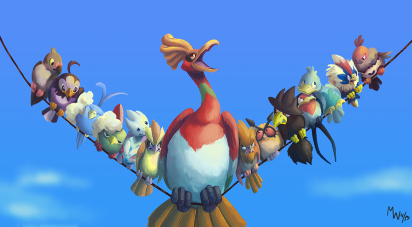 ambiguous_gender animal_focus bird closed_mouth cloud colored_sclera commentary crossover crow day duck ducklett eagle english_commentary for_the_birds full_body game_freak gen_1_pokemon gen_2_pokemon gen_3_pokemon gen_4_pokemon gen_5_pokemon ho-oh hoothoot legendary_pokemon looking_at_another lynxgriffin murkrow natu nintendo no_humans open_mouth outdoors owl perching pidgey pidove pokemon pokemon_(creature) power_lines red_eyes rufflet sky solo_focus spearow starly straight-on swablu swallow_(bird) taillow togetic vullaby wings yellow_sclera