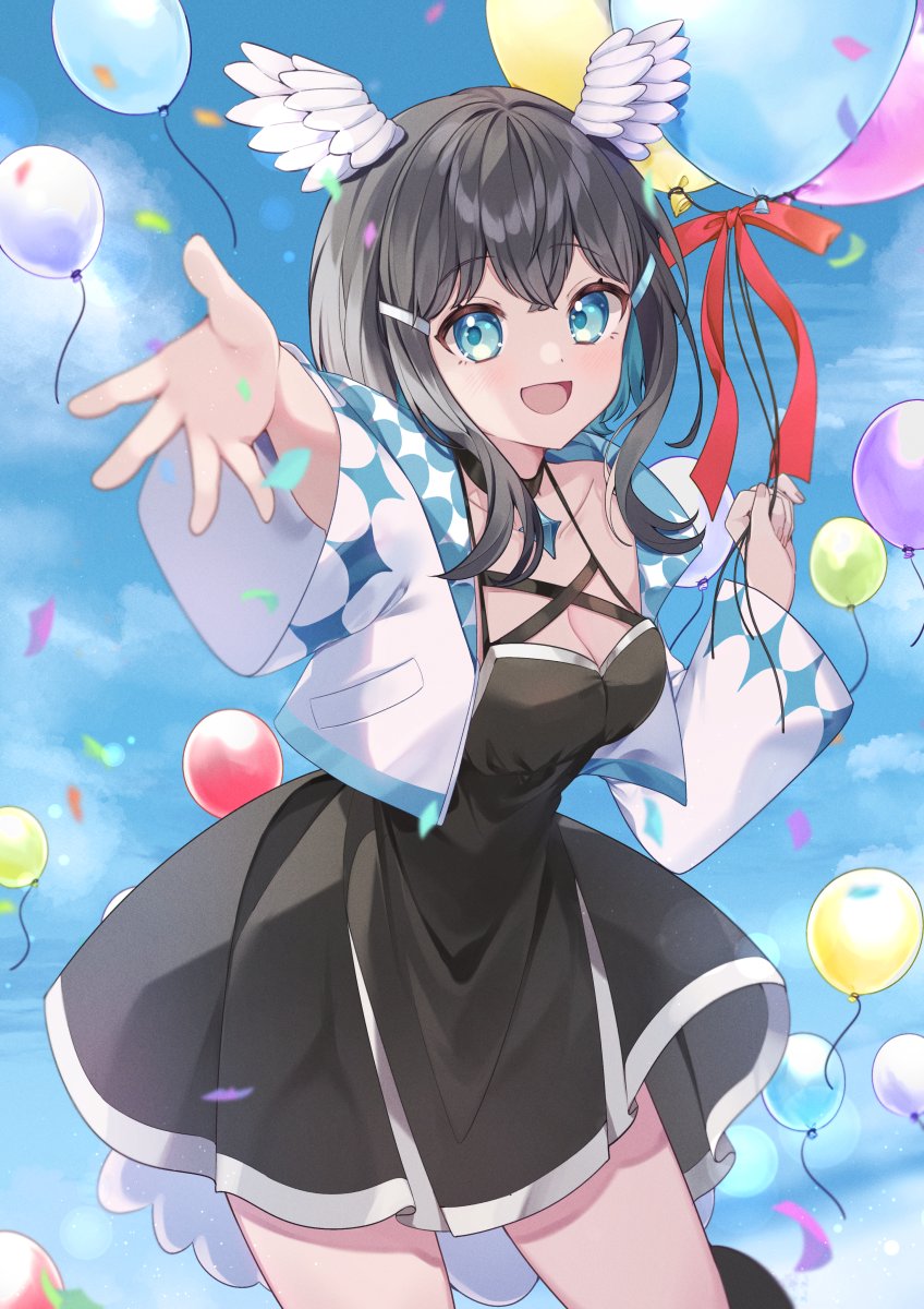 1girl :d balloon black_dress black_hair blue_eyes blue_hair blue_sky breasts cleavage cloud commentary_request confetti cropped_jacket day dress feathered_wings hair_ornament hairclip head_wings highres holding holding_balloon indie_virtual_youtuber jacket kurata_rine kurata_rine_(vtuber) long_sleeves medium_breasts multicolored_hair open_clothes open_jacket open_mouth outdoors outstretched_arm sidelocks sky smile solo standing two-tone_hair virtual_youtuber white_jacket white_wings wide_sleeves wings
