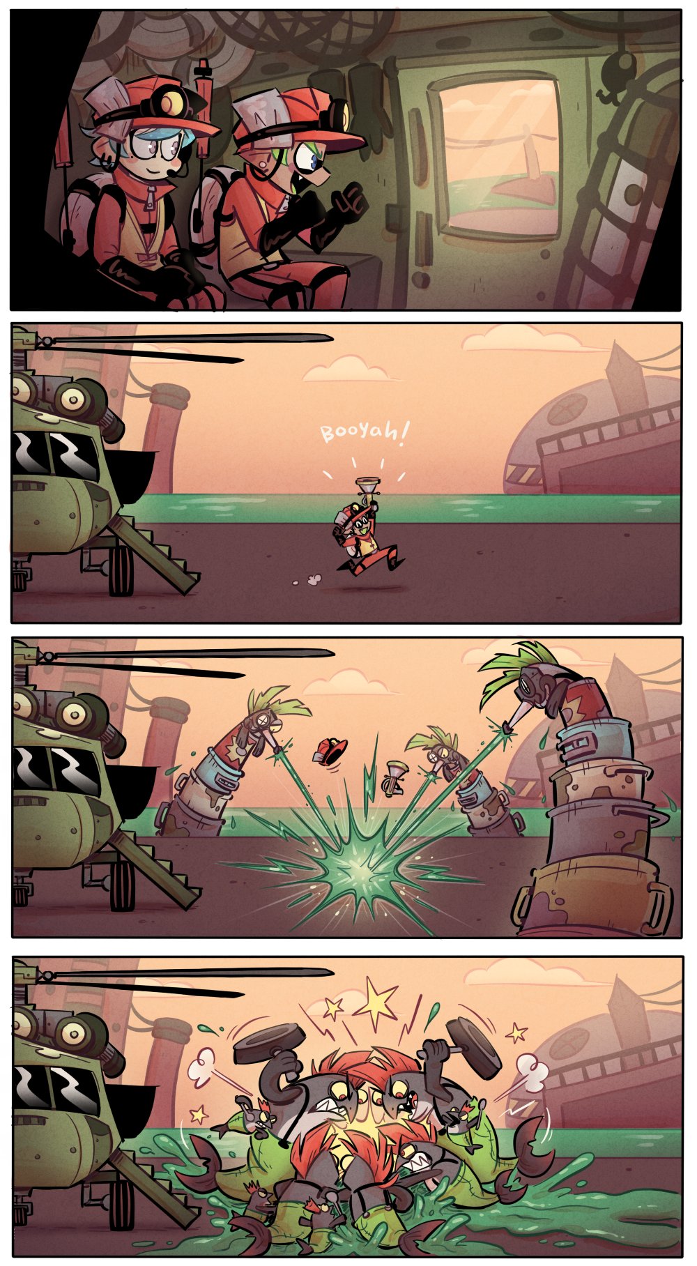 2boys 4koma aircraft androgynous beating black_footwear black_gloves blue_hair boots bulging_eyes chum_(splatoon) clenched_teeth cohock_(splatoon) colored_sclera comic dark-skinned_male dark_skin ear_piercing earrings frying_pan gloves green_hair green_overalls headlamp helicopter helicopter_interior helmet high-visibility_clothing high-visibility_vest highres hitting holding holding_frying_pan inkling inkling_boy inkling_player_character jewelry jumpsuit lifebuoy mohawk multiple_boys multiple_earrings nintendo octoling octoling_boy octoling_player_character orange_headwear orange_jumpsuit overalls pale_skin piercing pointy_ears red_eyes red_hair rubber_boots rubber_gloves salmon_run_(splatoon) salmonid sharp_teeth smallfry_(splatoon) splatoon_(series) splatoon_3 stinger_(splatoon) swim_ring teeth tentacle_hair yellow_sclera z-t00n