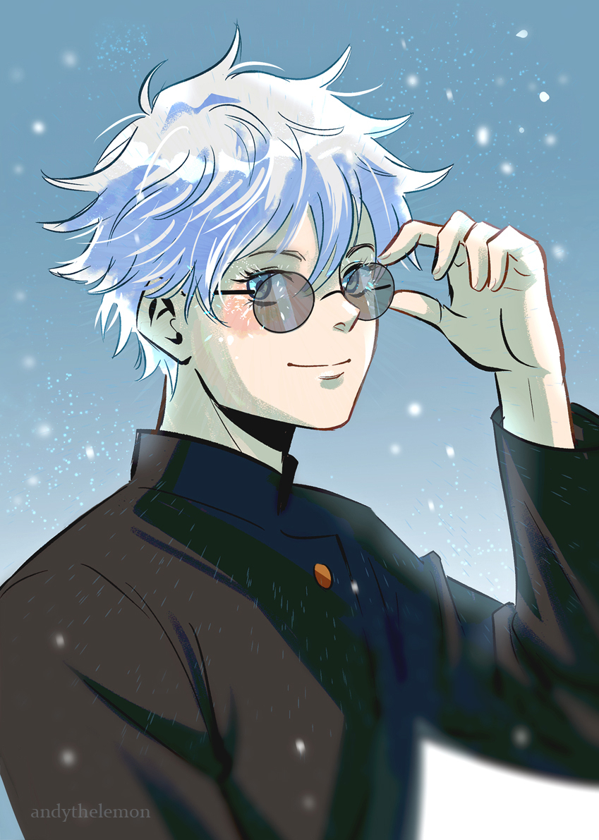 1boy adjusting_eyewear aged_down andythelemon black_jacket blue_eyes eyebrows eyelashes gojou_satoru jacket jujutsu_kaisen jujutsu_tech_uniform light_blush long_sleeves looking_at_viewer male_focus pale_skin short_hair smile snowing solo sunglasses white_hair winter