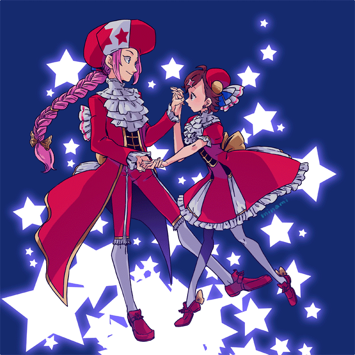 1boy 1girl ascot braid brown_hair classicaloid coat dancing dramatica dress frilled_dress frills full_body hat holding_hands long_braid long_hair long_sleeves otowa_kanae pants pink_hair red_coat red_dress red_hat red_pants red_shoes shoes single_braid smile star_(symbol) white_ascot wolfgang_amadeus_mozart_(classicaloid)