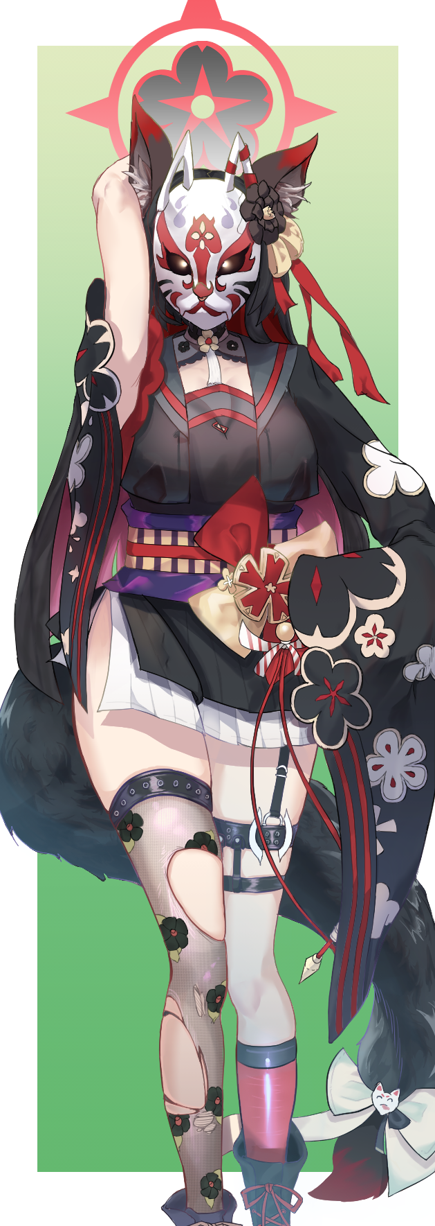 1girl animal_ear_fluff animal_ears arm_behind_head arm_up black_hair black_kimono blue_archive boots breasts character_mask choker colored_inner_hair floral_print floral_print_sleeves flower flower_choker fox_ears fox_girl fox_mask fox_tail gradient_background green_background hair_flower hair_ornament halo high_heel_boots high_heels highres japanese_clothes kimono large_breasts long_hair looking_at_viewer mask multicolored_hair obi red_hair red_halo ribbon sash short_kimono single_thighhigh solo standing tail tail_ornament tail_ribbon thighhighs thighs torn_clothes torn_thighhighs two-tone_background uousagi2639 wakamo_(blue_archive) white_background wide_sleeves yellow_eyes zettai_ryouiki