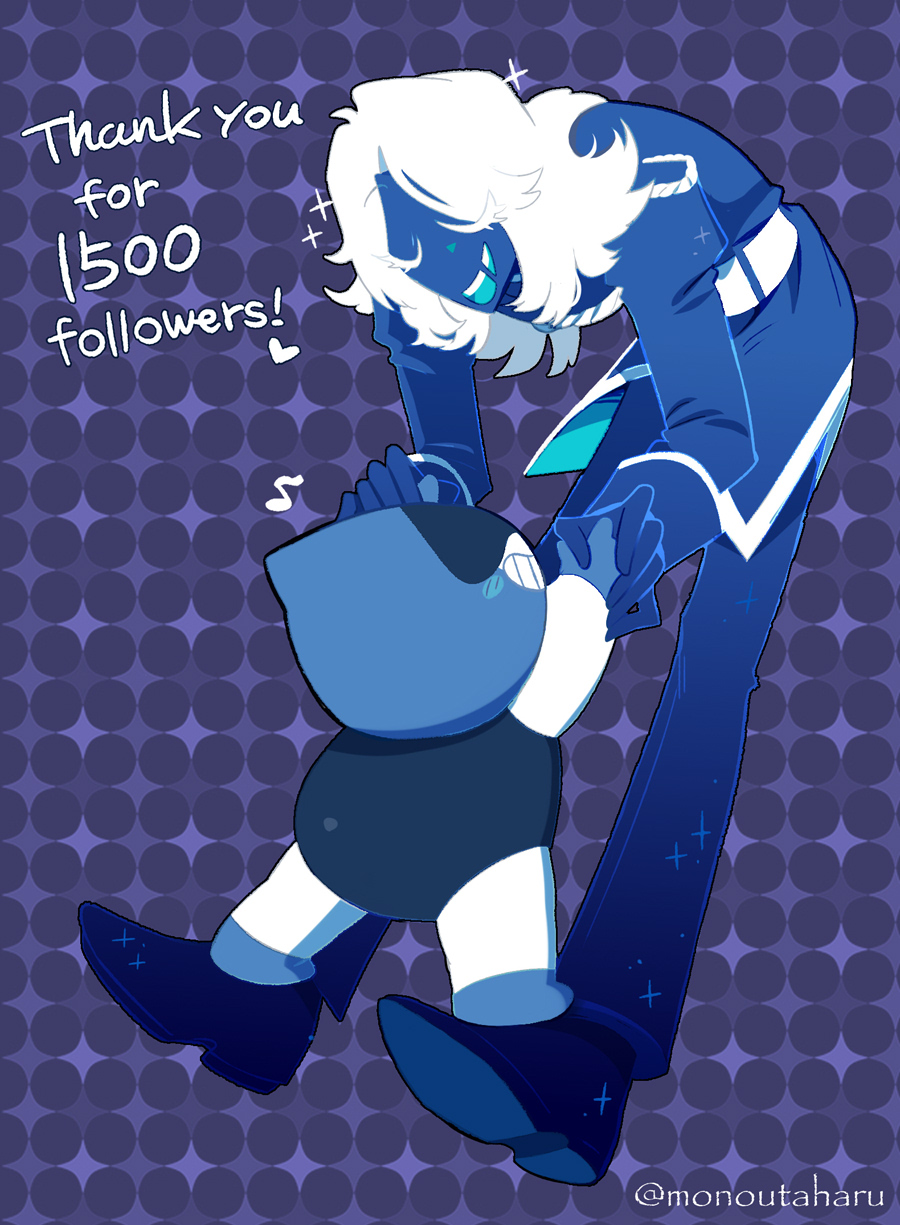 2boys :d ankle_boots bent_over black_footwear blue_footwear blue_jacket blue_pants blue_skin boots closed_eyes colored_eyelashes colored_skin commentary_request deltarune english_text face-to-face facing_another full_body grin heart highres holding_hands jacket lancer_(deltarune) long_hair long_sleeves male_focus milestone_celebration multiple_boys musical_note open_mouth pants rouxls_kaard simple_background smile sparkle sparkle_background taharu_(papiyas) teeth twitter_username u_u upper_teeth_only white_eyelashes white_hair