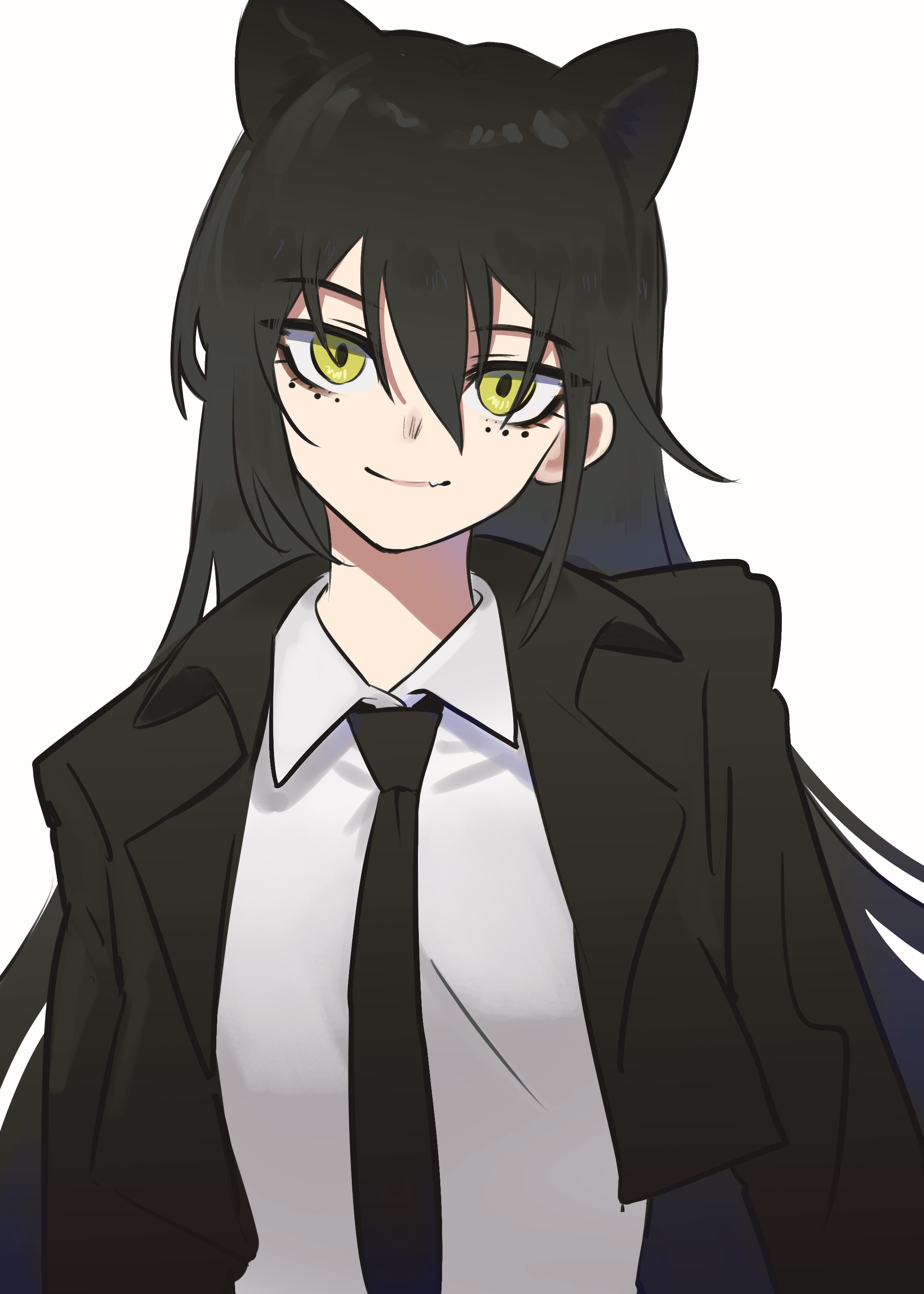 1girl absurdres aiv animal_ears arknights black_hair black_jacket black_necktie closed_mouth collared_shirt commentary dagda_(arknights) green_eyes hair_between_eyes highres jacket long_hair looking_at_viewer necktie open_clothes open_jacket shirt simple_background smile solo upper_body white_background white_shirt