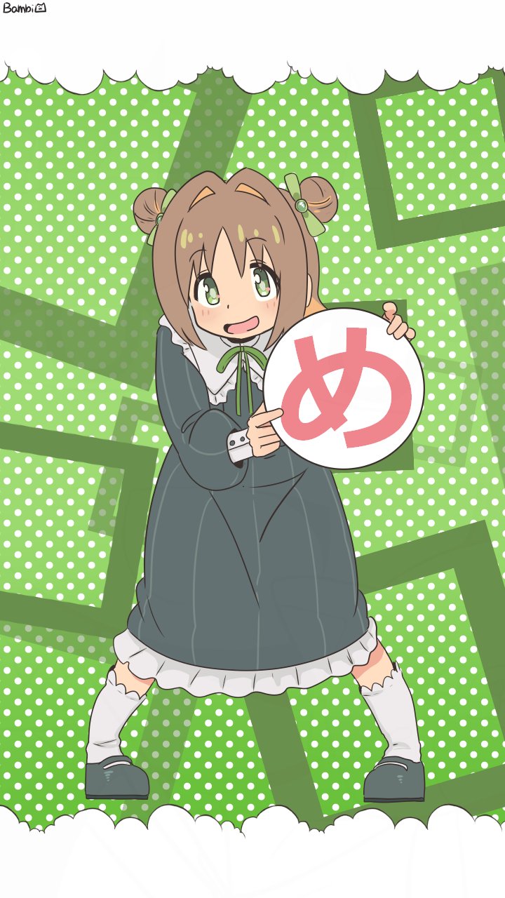 1girl :d artist_name bambi2000line bow brown_hair colored_inner_hair commentary diamond-shaped_pupils diamond_(shape) double_bun dress frilled_dress frilled_shirt_collar frills full_body green_background green_bow green_eyes grey_dress grey_shoes hair_bow hair_bun highres leaning_forward legs_apart long_sleeves looking_at_viewer mary_janes multicolored_hair oka_asahi onii-chan_wa_oshimai! open_mouth orange_hair pinstripe_pattern polka_dot polka_dot_background puffy_long_sleeves puffy_sleeves shoes short_hair simple_background smile socks solo symbol-shaped_pupils translation_request two-tone_hair white_socks