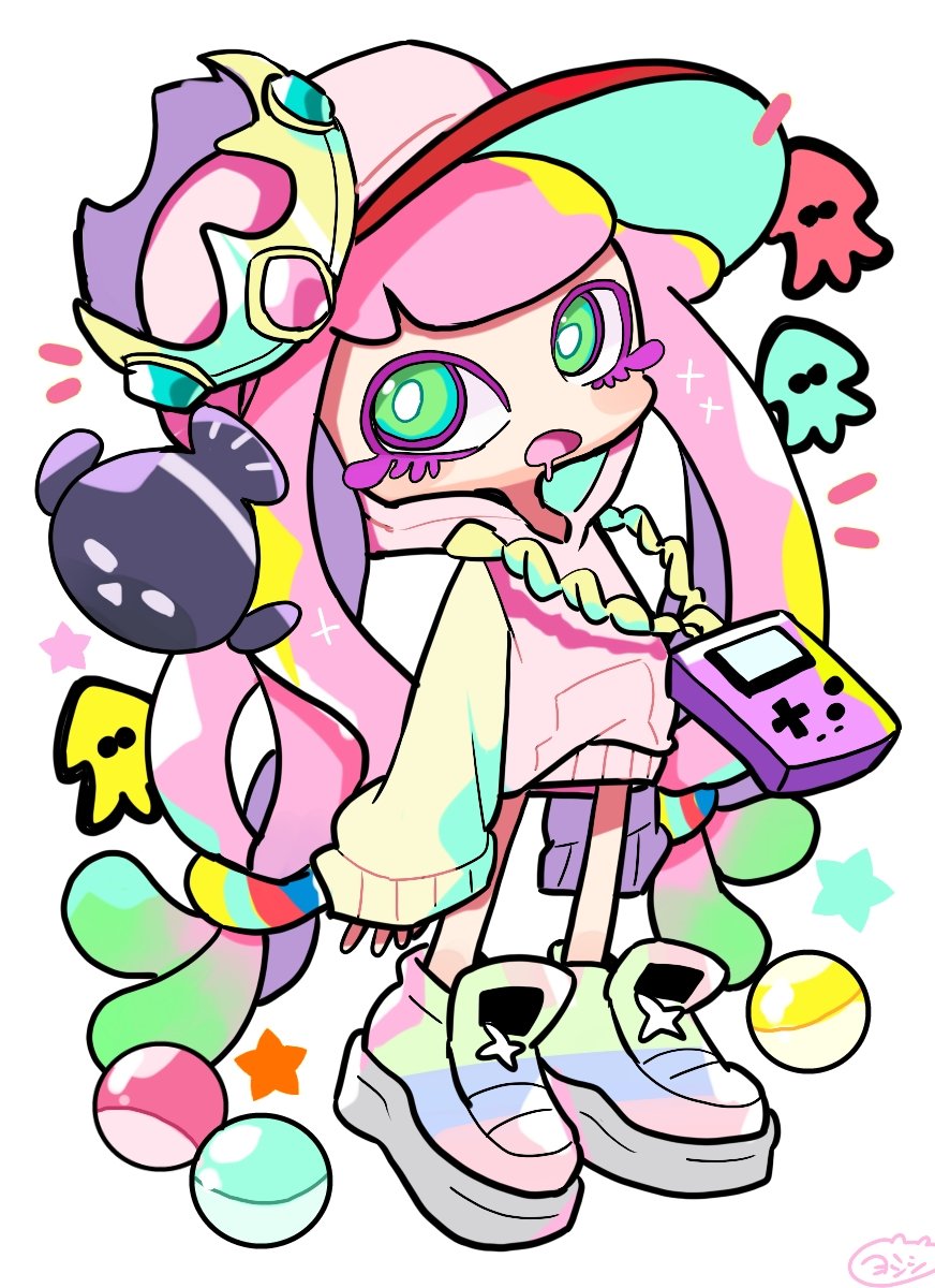 1girl animal baseball_cap blush clownfish cosplay crown drooling fish game_boy game_boy_(original) gashapon green_eyes handheld_game_console harmony&#039;s_clownfish_(splatoon) harmony_(splatoon) hat highres hood hood_up hoodie jewelry long_hair long_sleeves looking_at_viewer looking_to_the_side multicolored_footwear necklace nintendo open_mouth orb pearl_(splatoon) pearl_(splatoon)_(cosplay) pink_hair pink_hat pink_hoodie sea_anemone shoes sneakers sparkle splatoon_(series) squid standing star_(symbol) white_background yoshishi_(yosisitoho)