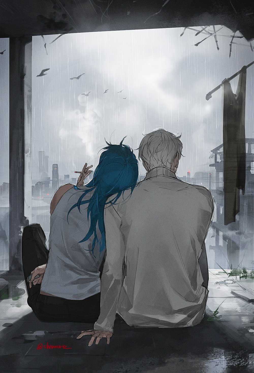 1boy 1girl akao_rion bird black_pants blue_hair chanoo_artz character_request cigarette cityscape cloud cloudy_sky commentary english_commentary from_behind grey_sky head_on_another&#039;s_shoulder highres holding holding_cigarette holding_lighter knee_up lighter long_hair on_ground pants rain sakamoto_days shirt short_hair sitting sky sleeveless sleeveless_shirt too_many too_many_birds twitter_username upper_body uzuki_kei uzurion white_hair white_shirt
