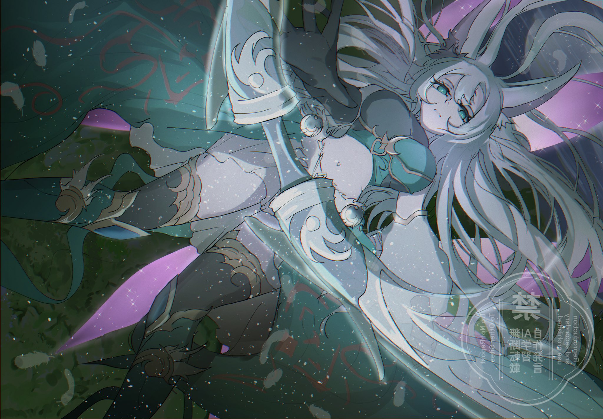 1girl animal_ears apollousa_bow_of_the_goddess black_thighhighs blue_eyes bow_(weapon) breasts duel_monster grey_hair highres large_breasts long_hair muted_color navel reaching reaching_towards_viewer skirt solo thighhighs uragawai watermark weapon white_skirt yu-gi-oh!