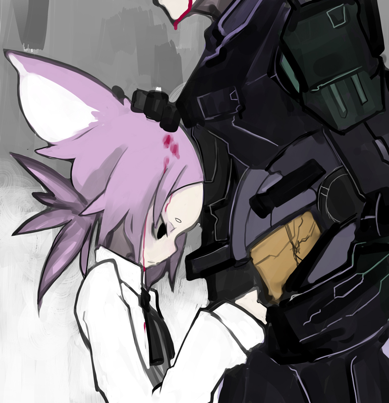 1boy 1girl animal_ears armor bad_id bad_pixiv_id blood blood_drip blood_in_hair blood_on_face blouse camera cat_ears collared_shirt crack dripping forehead grey_background halo:_reach halo_(game) halo_(series) hand_on_another&#039;s_head headpat height_difference helmet hug kimura_akiyoshi pale_skin petite ponytail pout power_suit purple_hair ribbon sad shirt size_difference spartan spartan-b312 spartan_(halo) unworn_headwear unworn_helmet white_background white_shirt