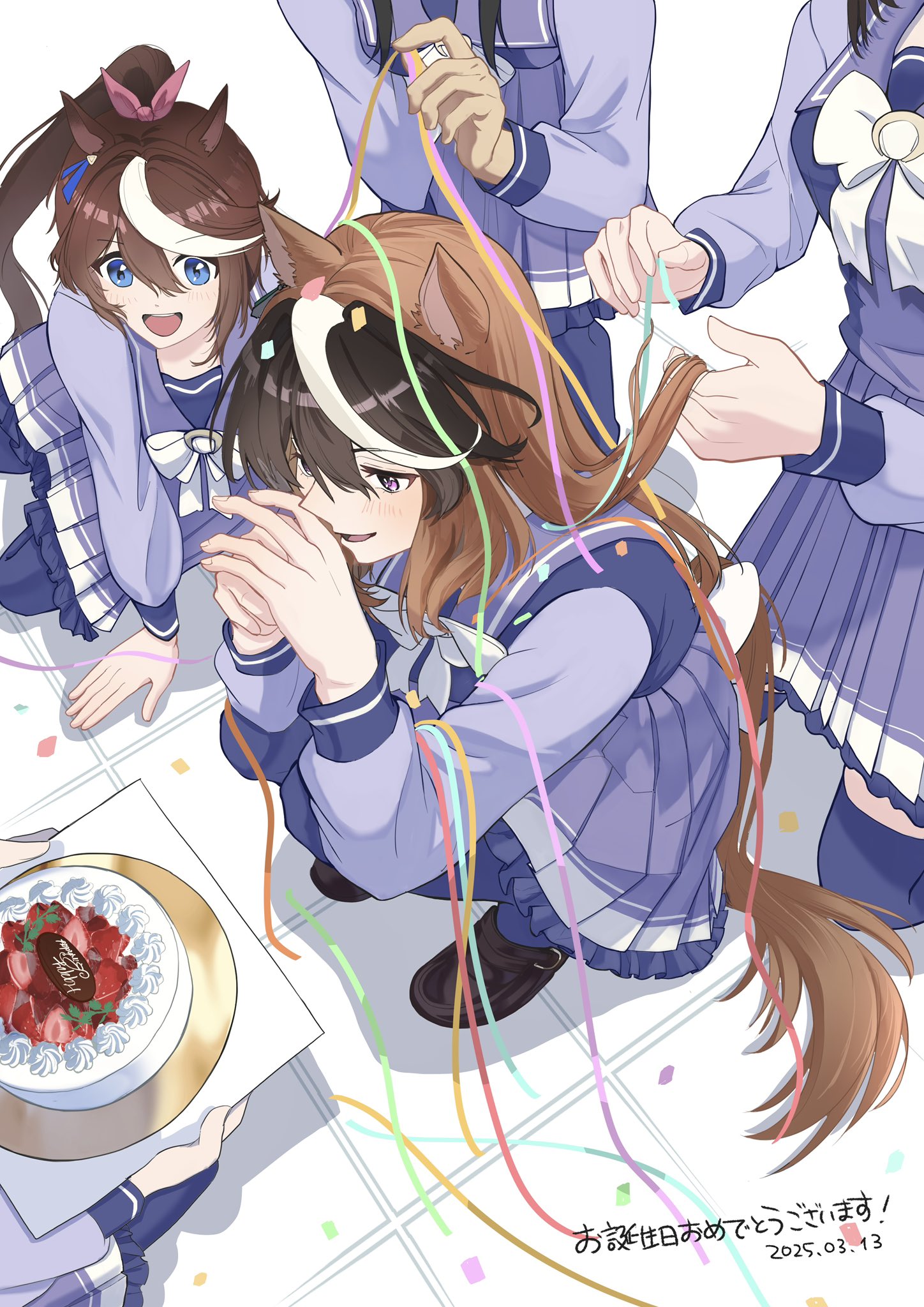 5girls :d animal_ears birthday_cake blue_eyes brown_hair cake character_request check_character commentary dated food from_above hair_between_eyes hair_ribbon happy_birthday high_ponytail highres horse_ears horse_girl horse_tail horseshoe_ornament ka_(page_013) loafers long_hair long_sleeves multicolored_hair multiple_girls open_mouth pink_ribbon pleated_skirt ponytail purple_eyes purple_serafuku purple_shirt purple_skirt purple_thighhighs ribbon sailor_collar sailor_shirt school_uniform serafuku shirt shoes sirius_symboli_(umamusume) skirt smile solo streaked_hair symbol-only_commentary symboli_kris_s_(umamusume) symboli_rudolf_(umamusume) tail thighhighs tokai_teio_(umamusume) tracen_school_uniform two-tone_hair umamusume white_hair