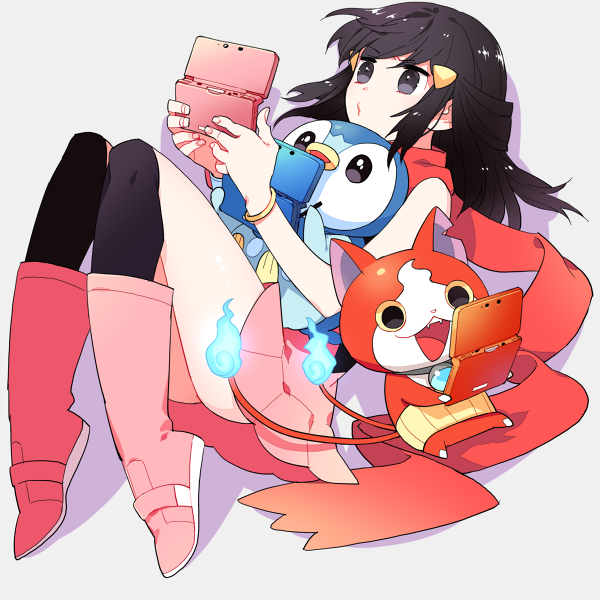 00s 10s 1girl black_eyes black_hair black_thighhighs blue_fire boots bracelet dawn_(pokemon) fire gen_4_pokemon gum_(gmng) hair_ornament hairclip handheld_game_console haramaki jewelry jibanyan long_hair multiple_tails nintendo nintendo_3ds notched_ear open_mouth pink_boots piplup playing_games pokemon pokemon_(creature) pokemon_dppt tail thighhighs traditional_youkai two_tails white_background youkai_watch