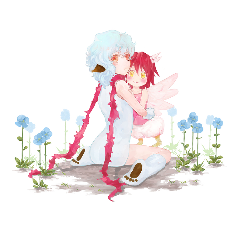 2girls animal_ears feathers flower fluff hair_ornament harpy harpy_(muromi-san) monster_girl multiple_girls namiuchigiwa_no_muromi-san naoki_(naifuku_jelly) wings yeti_(muromi-san)