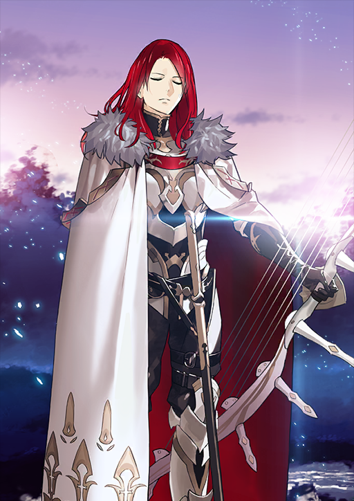 1boy arm_at_side armor armored_boots bishounen black_pants black_shirt boots bow_(weapon) breastplate brown_gloves cape closed_eyes closed_mouth diffraction_spikes failnaught_(fate) fate/grand_order fate_(series) feet_out_of_frame fur-trimmed_cape fur_trim gloves high_collar holding holding_bow_(weapon) holding_weapon light_particles long_hair male_focus morii_shizuki official_art outstretched_arm pants purple_sky red_hair sheath sheathed shirt sky solo standing sweater_guard sword third-party_source tristan_(fate) variant_set weapon white_cape