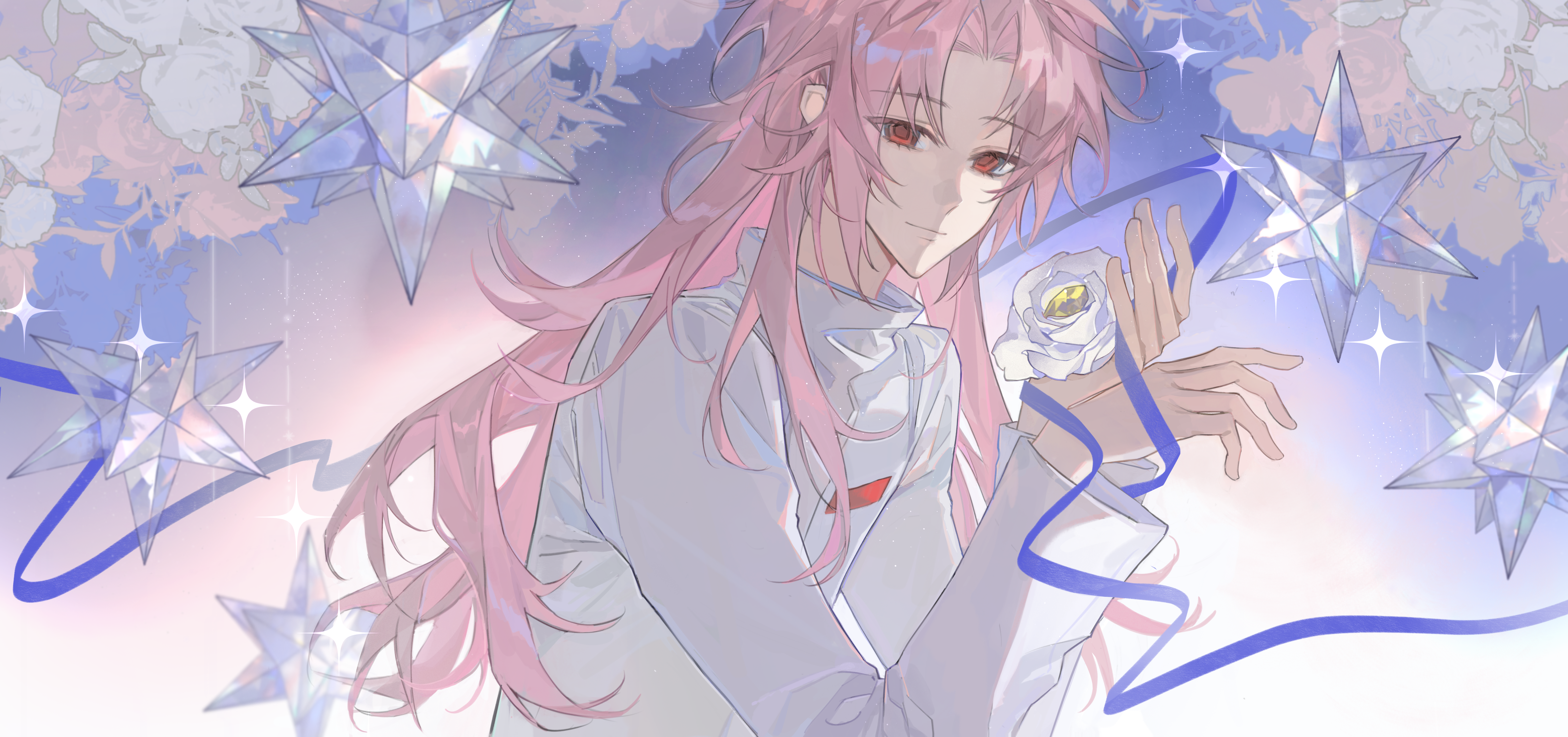 1boy absurdres chinese_commentary closed_mouth commentary_request curtained_hair flower hatsutori_hajime highres holding holding_flower jacket long_hair long_sleeves male_focus parted_bangs pink_hair red_eyes saibou_shinkyoku smile solo stellated_octahedron upper_body white_flower white_jacket xian_yue