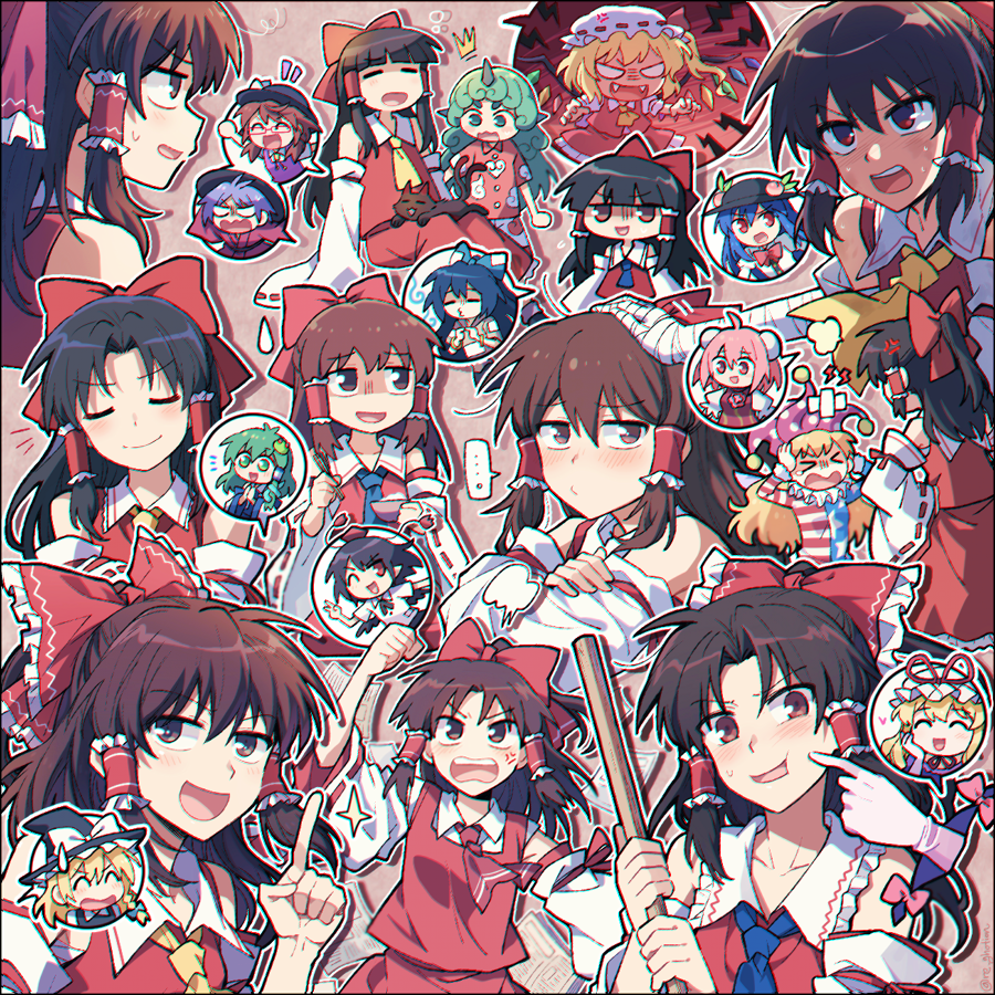 &gt;_&lt; ... 6+girls :d ^^^ anger_vein angry animal animal_on_lap antinomy_of_common_flowers arm_up ascot bandaged_arm bandages black_cat black_hair blue_ascot blush bow bowl broom brown_hair cat cat_on_lap cheek_poking chopsticks chromatic_aberration clenched_hand cloud_print clownpiece crossed_bandaids detached_sleeves embodiment_of_scarlet_devil multiple_expressions fangs flandre_scarlet frilled_bow frilled_hair_tubes frills gap_(touhou) hair_tubes hakurei_reimu half_updo hands_on_own_head happy headpat heart hidden_star_in_four_seasons hinanawi_tenshi holding holding_bowl holding_broom holding_chopsticks ibaraki_kasen index_finger_raised jitome kaenbyou_rin kaenbyou_rin_(cat) kirisame_marisa kochiya_sanae komano_aunn long_hair medium_hair multiple_girls nontraditional_miko notice_lines on_lap one_eye_closed open_mouth pants phantasmagoria_of_flower_view poking print_pants print_shirt raised_eyebrow re_ghotion red_bow red_eyes red_shirt ribbon-trimmed_sleeves ribbon_trim shaded_face shameimaru_aya shirt short_sleeves sleeveless sleeveless_shirt smile sparkle spoken_character spoken_ellipsis subterranean_animism sukuna_shinmyoumaru sweatdrop touhou usami_sumireko v-shaped_eyebrows v-shaped_eyes yakumo_yukari yellow_ascot yorigami_shion