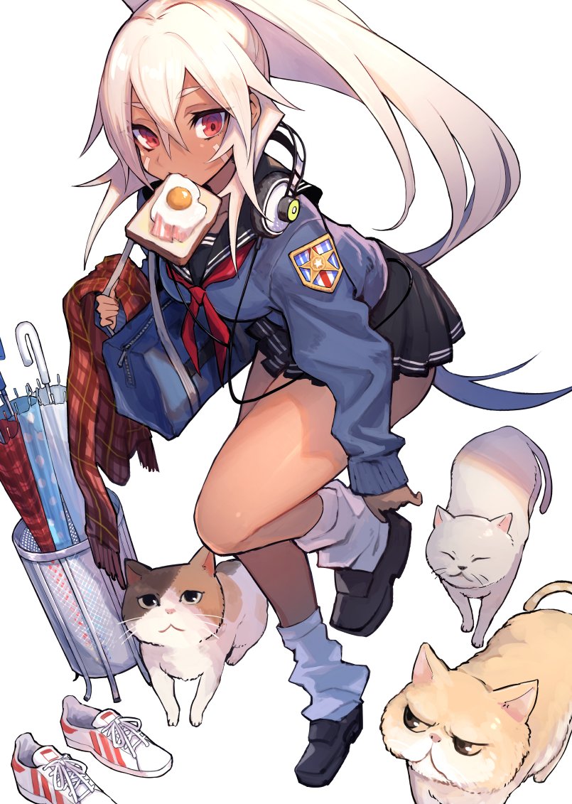 1girl azur_lane black_skirt blush bread bread_slice breasts cat dark-skinned_female dark_skin egg female_focus food food_in_mouth hair_between_eyes headphones headphones_around_neck long_hair looking_at_viewer mephisto_(angraecum) minneapolis_(azur_lane) minneapolis_(wild_huntress_schoolgirl)_(azur_lane) mouth_hold native_american neckerchief pleated_skirt ponytail red_eyes red_neckerchief sailor_collar school_uniform serafuku skirt solo sunny_side_up_egg toast toast_in_mouth umbrella umbrella_stand white_hair