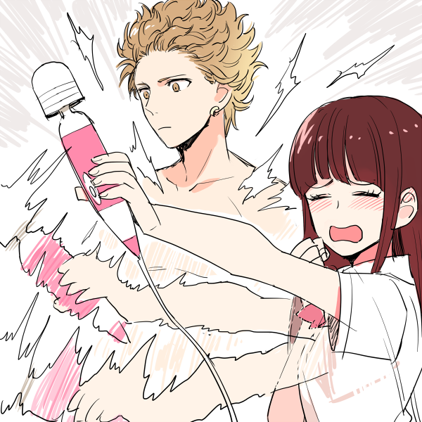1boy 1girl blonde_hair blush brown_hair earrings closed_eyes gum_(gmng) hitachi_magic_wand jewelry long_hair open_mouth sayono-kun school_uniform seitokaichou_(seitokaichou_to_sayono-kun) seitokaichou_to_sayono-kun sex_toy short_hair vibrator