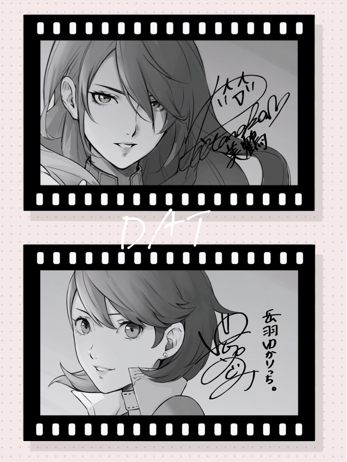 2girls artist_name character_name character_signature choker commentary da-cart earrings film_border film_strip film_strip_border flipped_hair greyscale greyscale_with_colored_background hair_behind_ear hair_between_eyes highres jewelry kirijou_mitsuru lips long_hair looking_at_viewer monochrome multiple_girls parted_lips persona persona_3 persona_4:_the_ultimate_in_mayonaka_arena persona_4:_the_ultimax_ultra_suplex_hold polka_dot polka_dot_background popped_collar portrait short_hair stud_earrings takeba_yukari upper_body