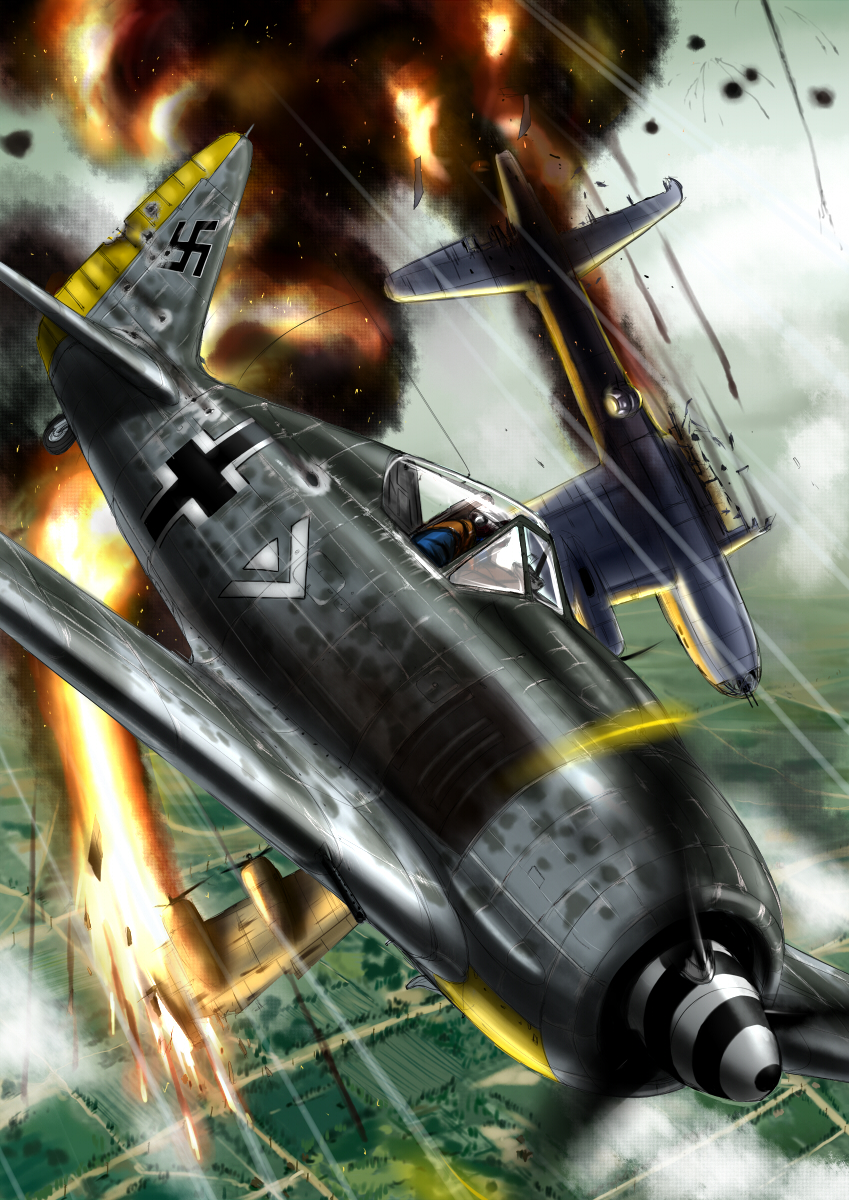 aircraft airplane b-17 bomber cloud damaged fire flying fw_190 gun highres inyucchi luftwaffe military military_vehicle original propeller_fighter sky smoke vehicle_focus weapon wehrmacht world_war_ii