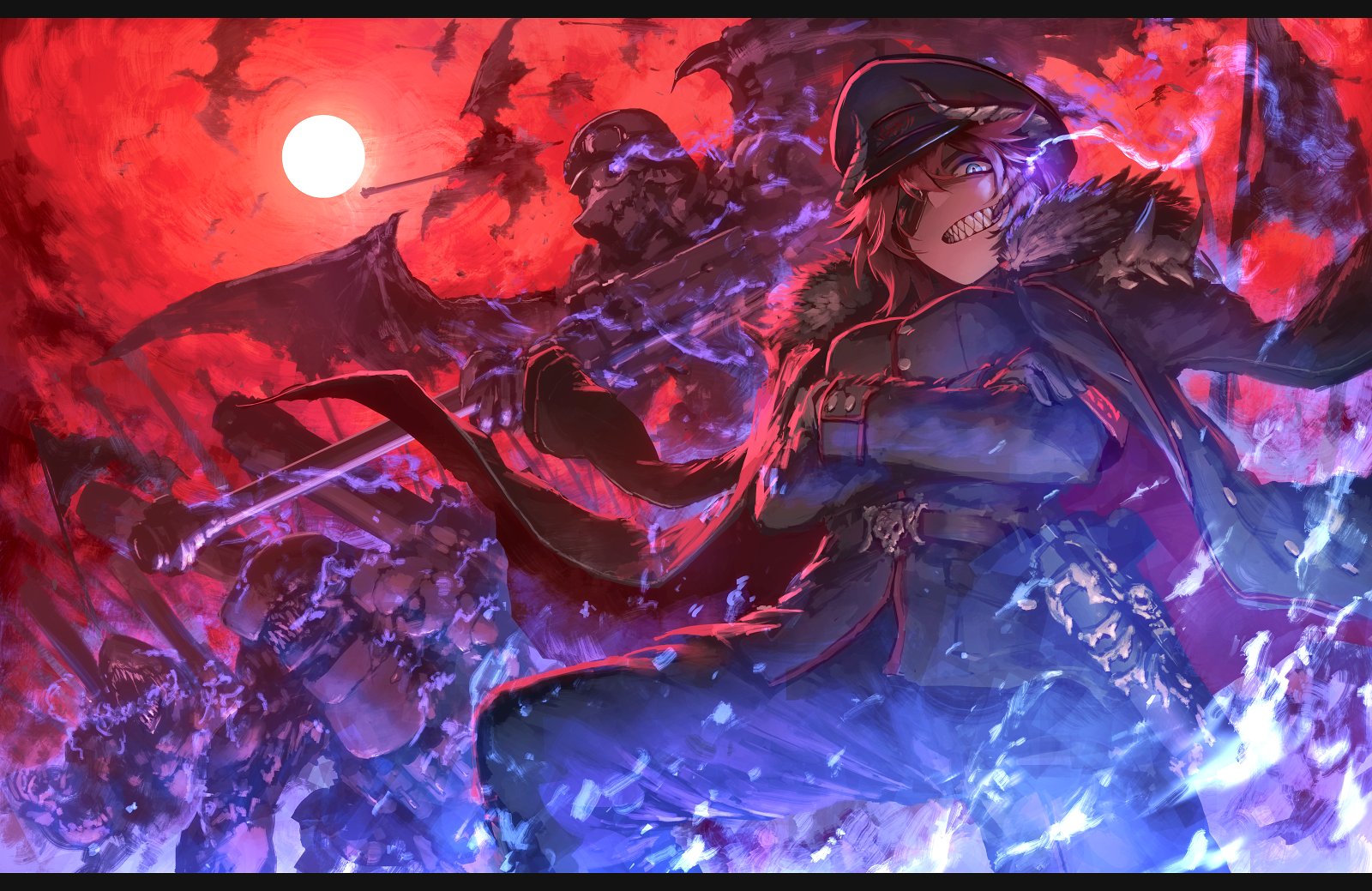1girl 3others armor blue_eyes coat coat_on_shoulders commission cowboy_shot crossed_arms dated_commentary electricity eyepatch flag fur_trim gun hetza_(hellshock) highres holding holding_weapon holster jacket long_sleeves looking_at_viewer medium_hair military military_uniform multiple_others multiple_views original pants red_sky sharp_teeth skeb_commission sky smile sun teeth weapon