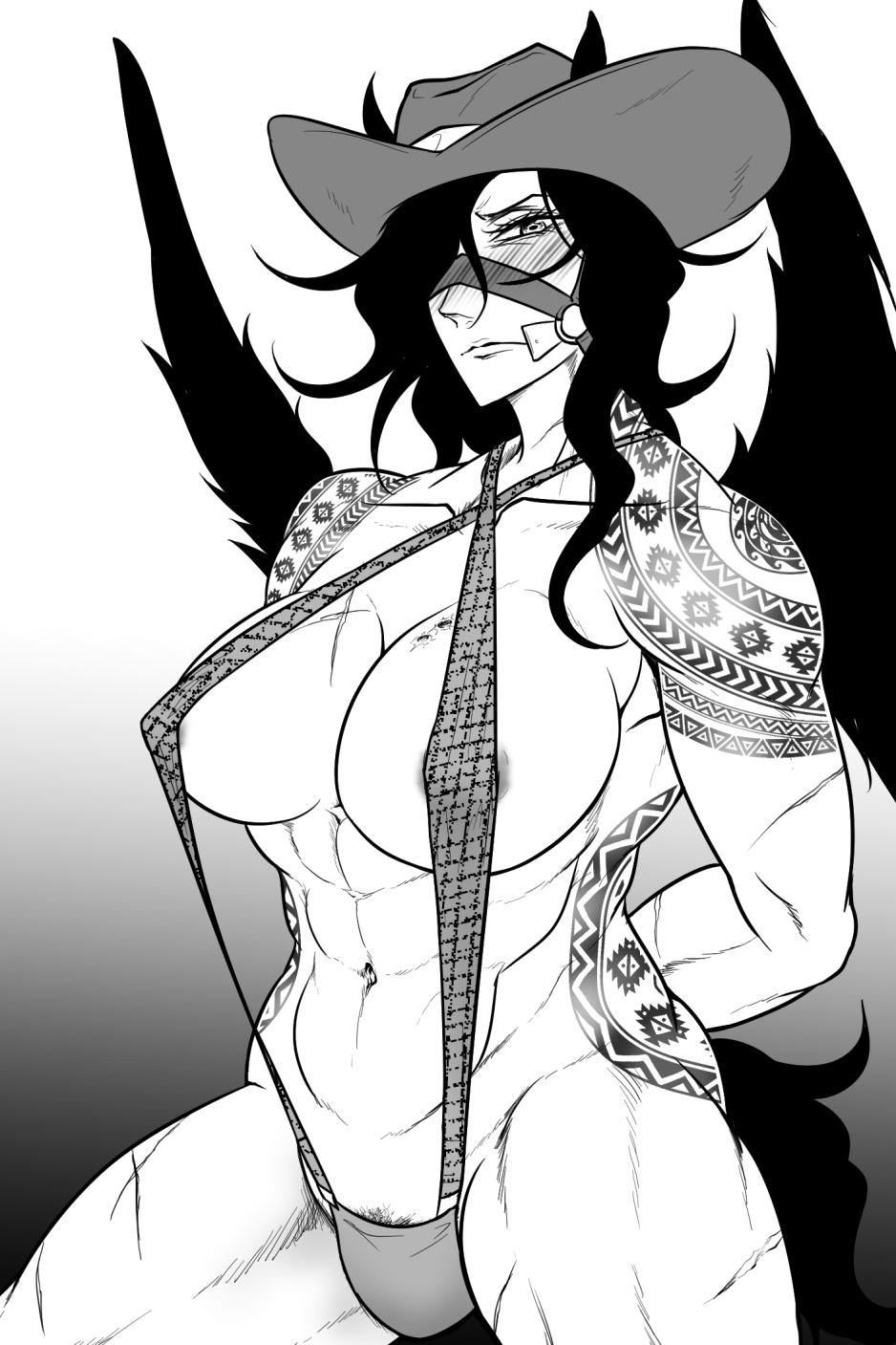 1girl alternate_costume animal_ears areola_slip arms_behind_back breasts bridle bullet_scar closed_mouth collarbone cowboy_hat cowboy_shot ears_through_headwear female_pubic_hair greyscale hair_between_eyes hair_over_one_eye hat highres horse_ears horse_girl horse_tail kurokoma_saki large_breasts long_bangs long_hair looking_at_viewer midriff_tattoo monochrome muscular muscular_female navel pubic_hair pubic_hair_peek reins ryuuichi_(f_dragon) scar scar_on_breasts shoulder_tattoo slingshot_swimsuit solo swimsuit tail tattoo touhou tribal_tattoo wavy_hair wings