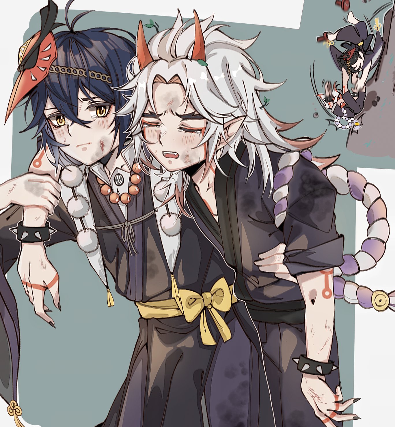 1boy 1girl aged_down antenna_hair arataki_itto bruise carrying carrying_person commentary crossed_bangs english_commentary fingernails genshin_impact hair_between_eyes haniwa15 highres horns injury kujou_sara long_hair looking_at_another motion_blur multiple_boys parted_bangs sharp_fingernails short_sleeves single_horn tagme tearing_up white_hair