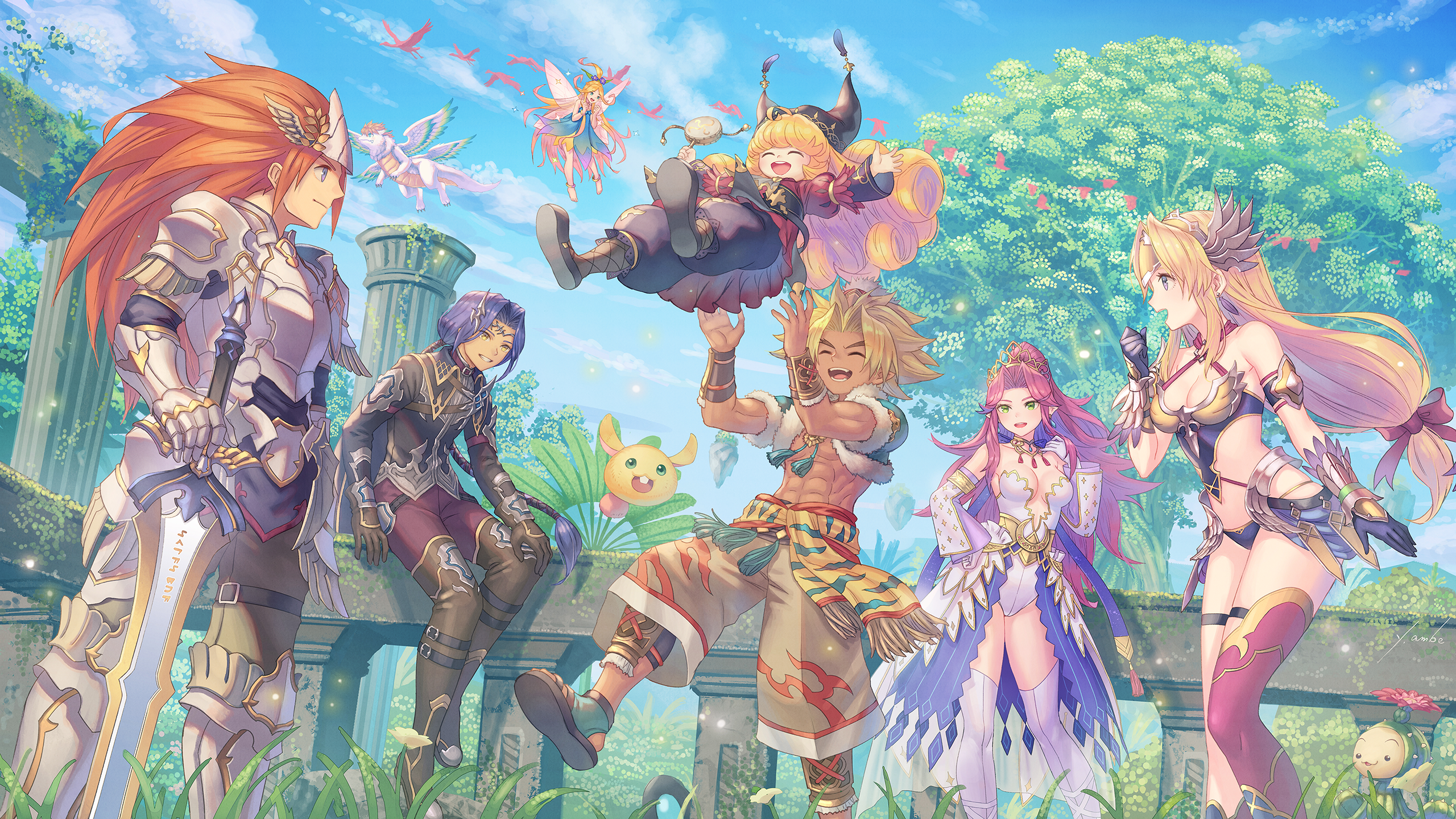 3boys 4girls abs anbe_yoshirou angela_(seiken_densetsu_3) armor asymmetrical_legwear barefoot bikini_armor bird blonde_hair blue_eyes breasts bridal_gauntlets charlotte_(seiken_densetsu_3) cleavage closed_eyes cloud commentary_request day dragon duran_(seiken_densetsu_3) faerie_(seiken_densetsu_3) feet_out_of_frame flammie green_eyes hawkeye_(seiken_densetsu_3) helmet highres kevin_(seiken_densetsu_3) leotard lil'_cactus long_hair low-tied_long_hair medium_breasts midair multiple_boys multiple_girls orange_hair outdoors overgrown planted planted_sword planted_weapon plate_armor plunging_neckline purple_eyes purple_hair rabite_(seiken_densetsu) riesz seiken_densetsu seiken_densetsu_3 sitting sky square_enix standing sword thighhighs tree uneven_legwear very_long_hair weapon winged_helmet yellow_eyes
