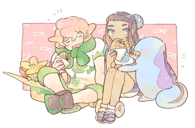 1boy 1girl ^_^ bikini black_hair blue_eyes blue_eyeshadow blue_hair blue_nails closed_eyes closed_mouth dark-skinned_female dark_skin earrings eyeshadow fingernails food freckles gen_2_pokemon gen_8_pokemon gossifleur hat holding holding_food hoop_earrings jewelry katiko long_hair makeup milo_(pokemon) multicolored_hair nail_polish nessa_(pokemon) nintendo open_mouth pink_hair pokemon pokemon_(creature) pokemon_swsh quagsire short_hair sitting smile streaked_hair swimsuit tankini teeth unworn_hat unworn_headwear yellow_headwear